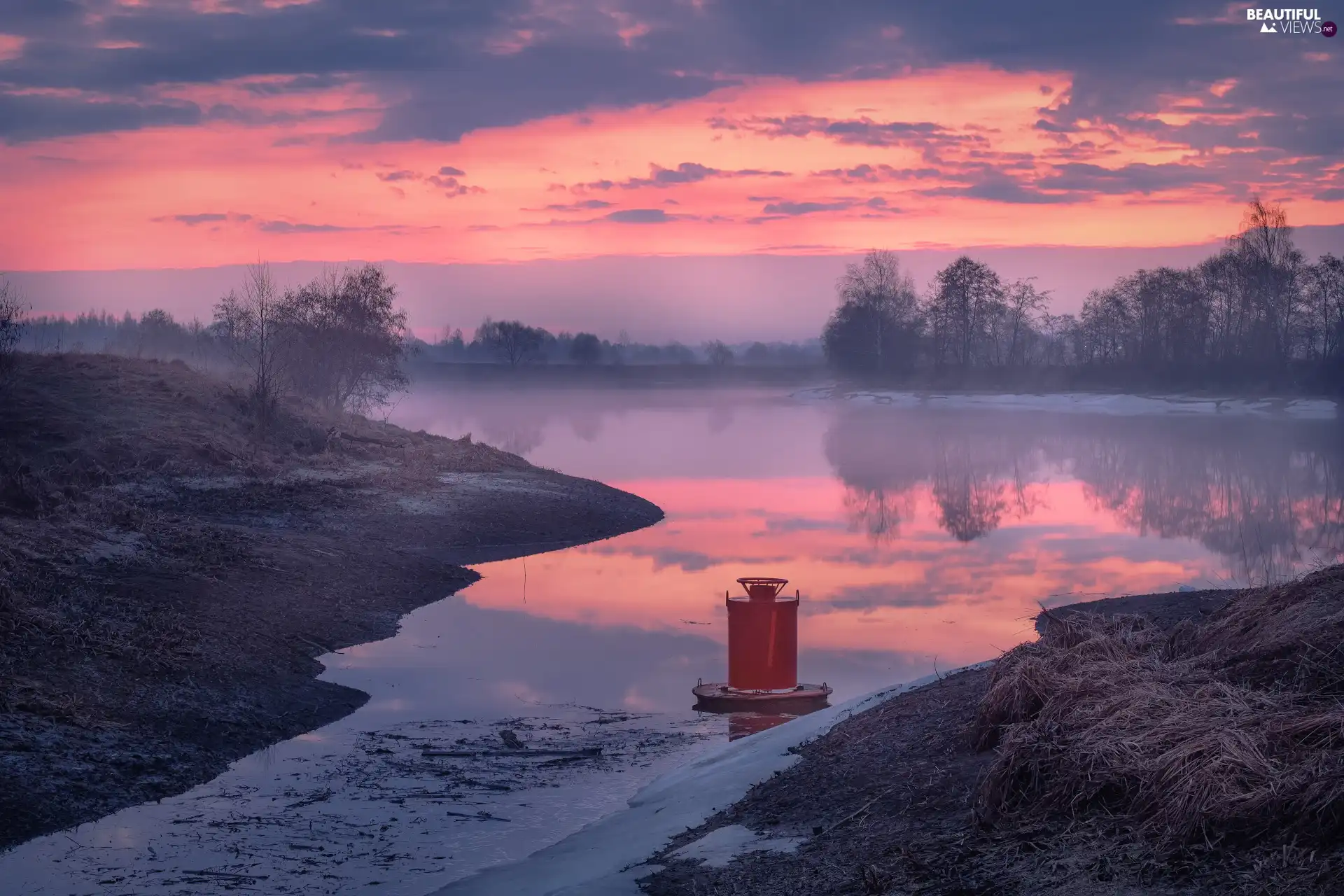 viewes, clouds, Latvia, Fog, Latgale, trees, Dubna River, Sunrise