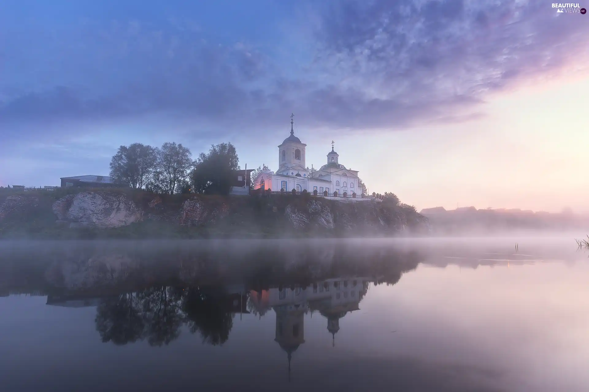 Cerkiew, trees, Fog, viewes, River, clouds, reflection