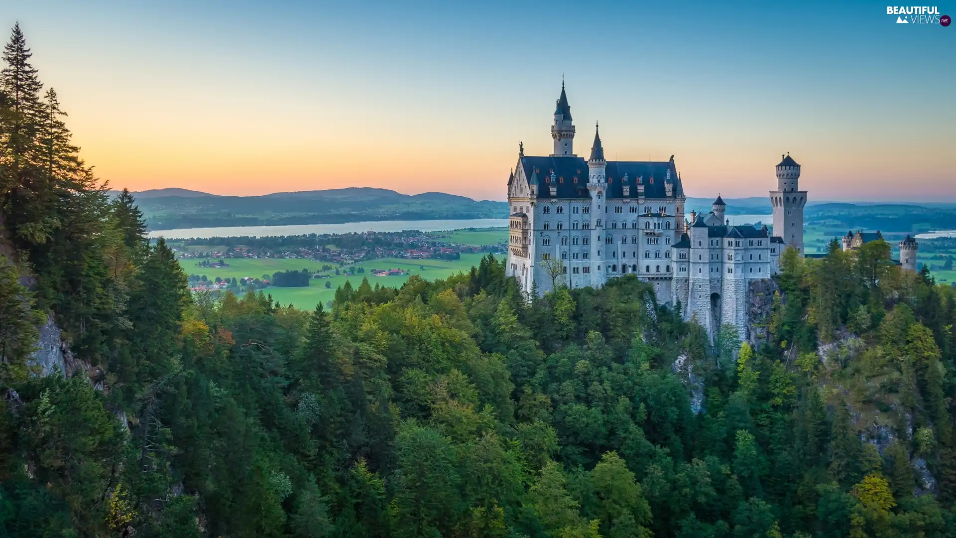 Neuschwanstein Castle, Germany, viewes, forest, trees, Bavaria