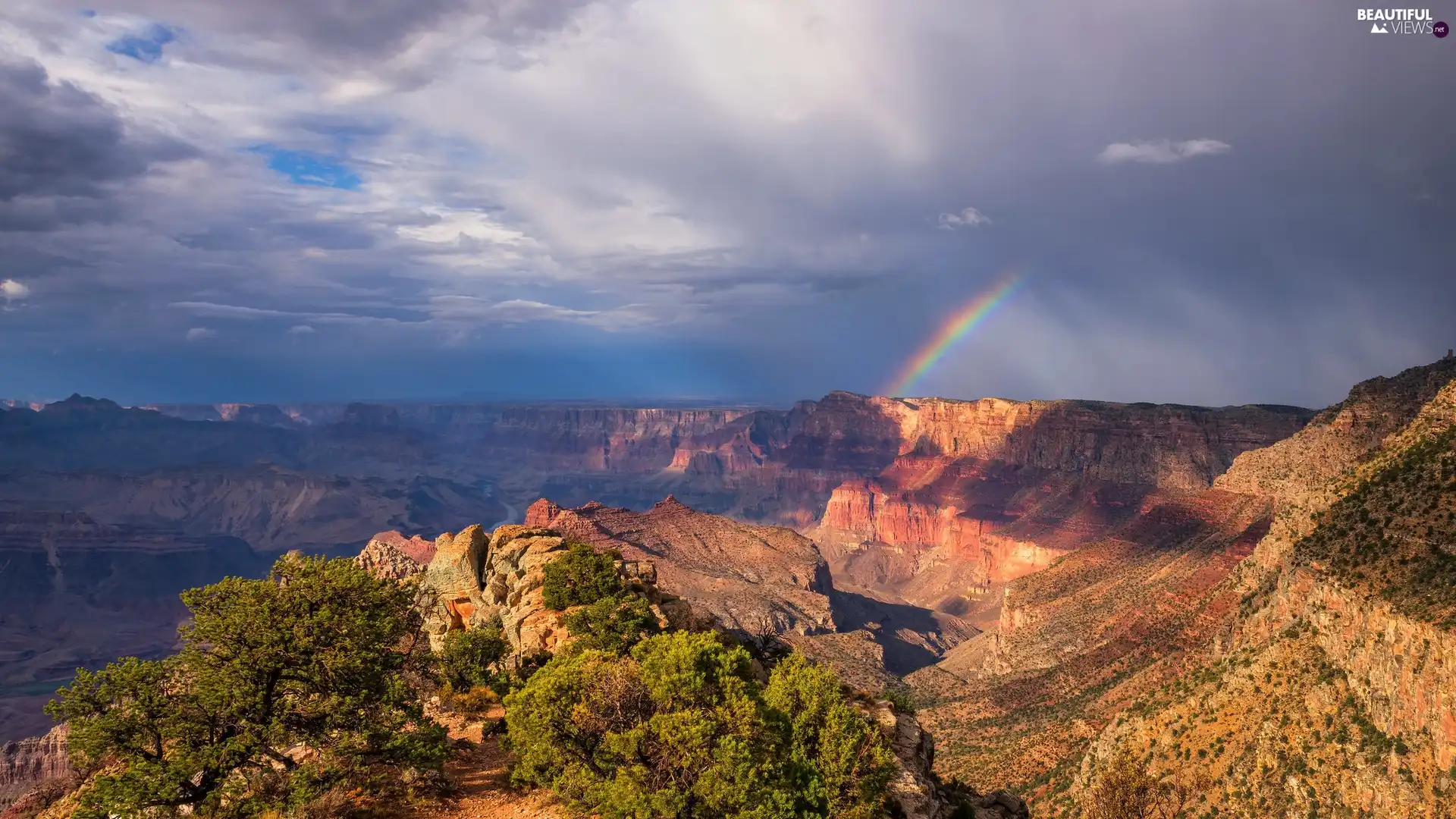 Grand Canyon National Park, canyon, clouds, rocks, trees, The United States, Arizona, Grand Canyon, Grand Canyon, viewes, Great Rainbows