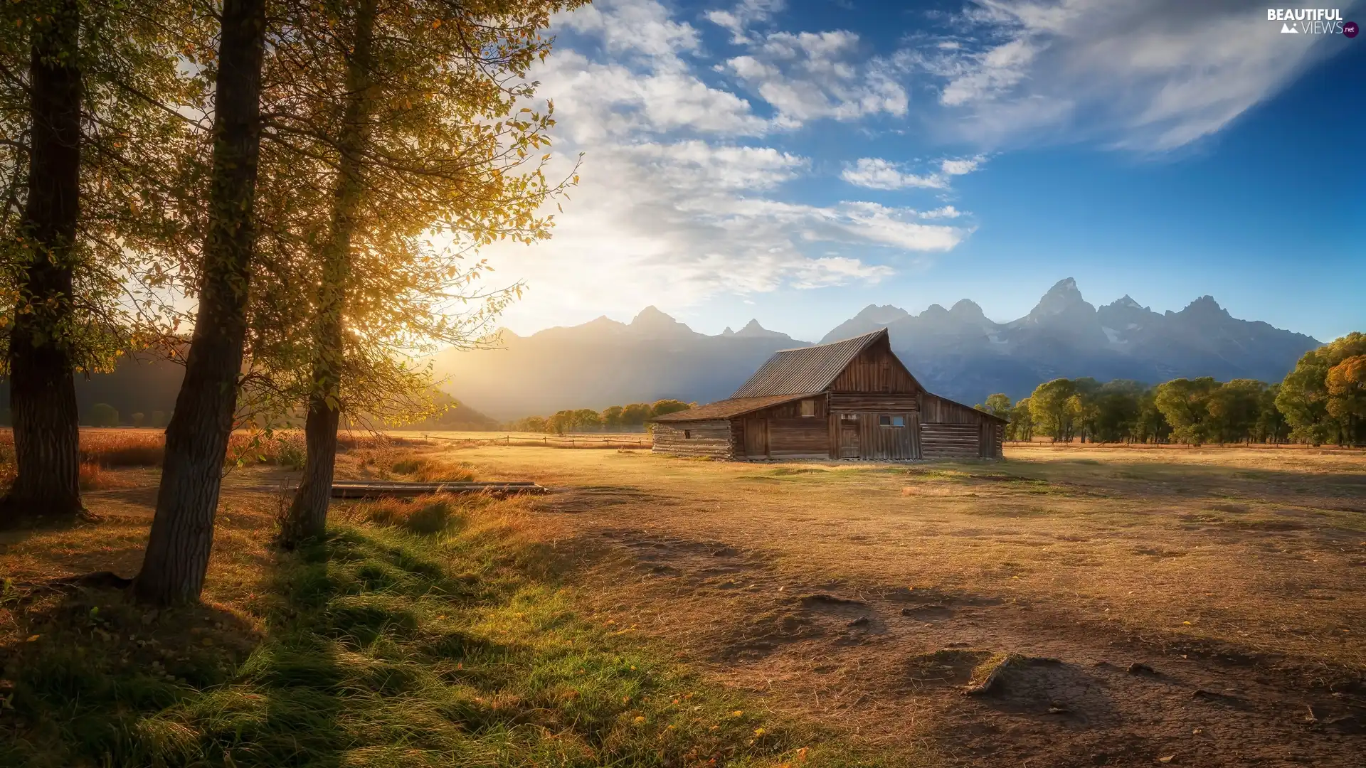 Sunrise, Mountains, Barn, State of Wyoming, trees, Grand Teton National Park, house, The United States, clouds, viewes