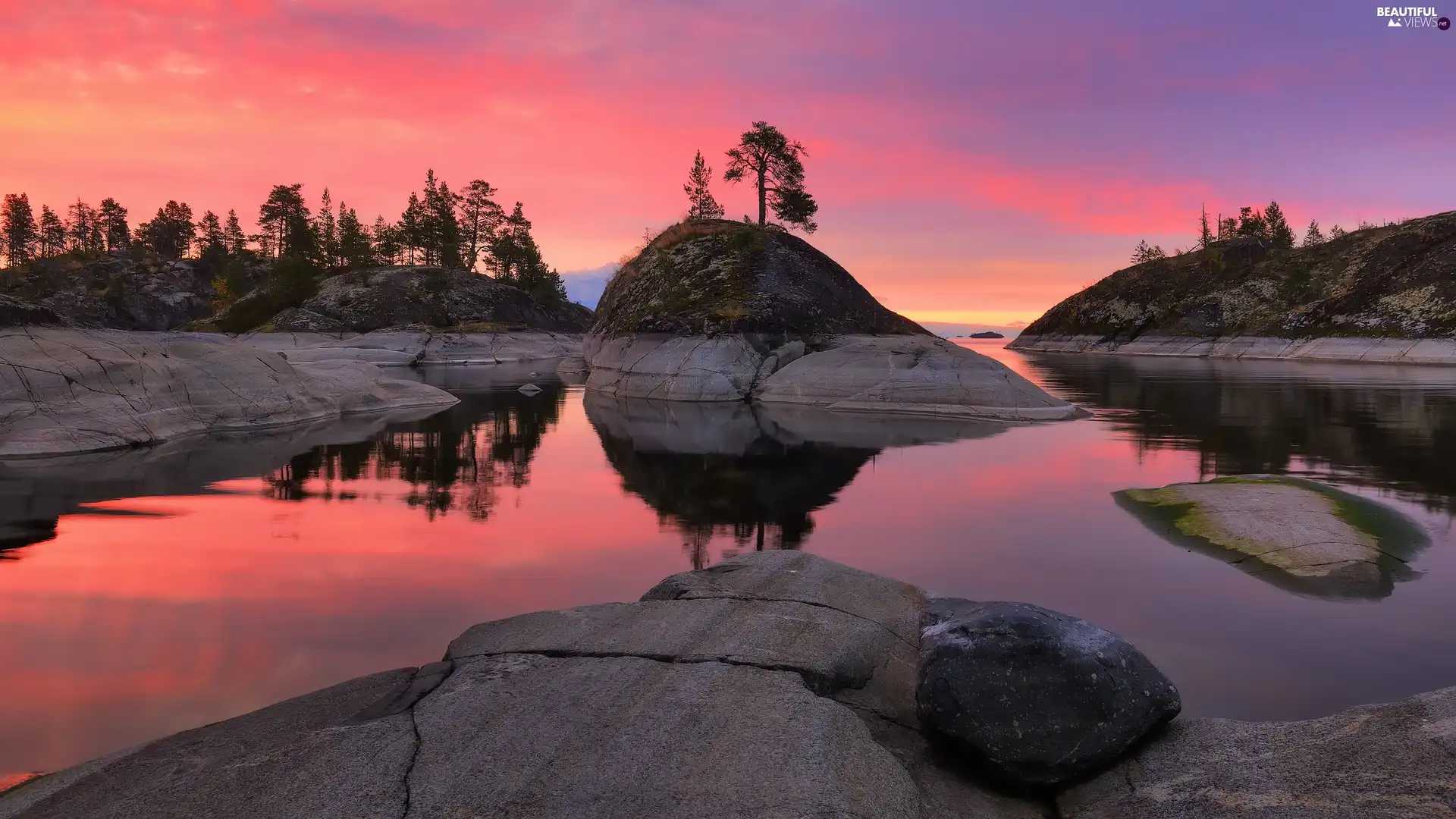 viewes, rocks, Karelia, trees, Lake Ladoga, Great Sunsets, Russia