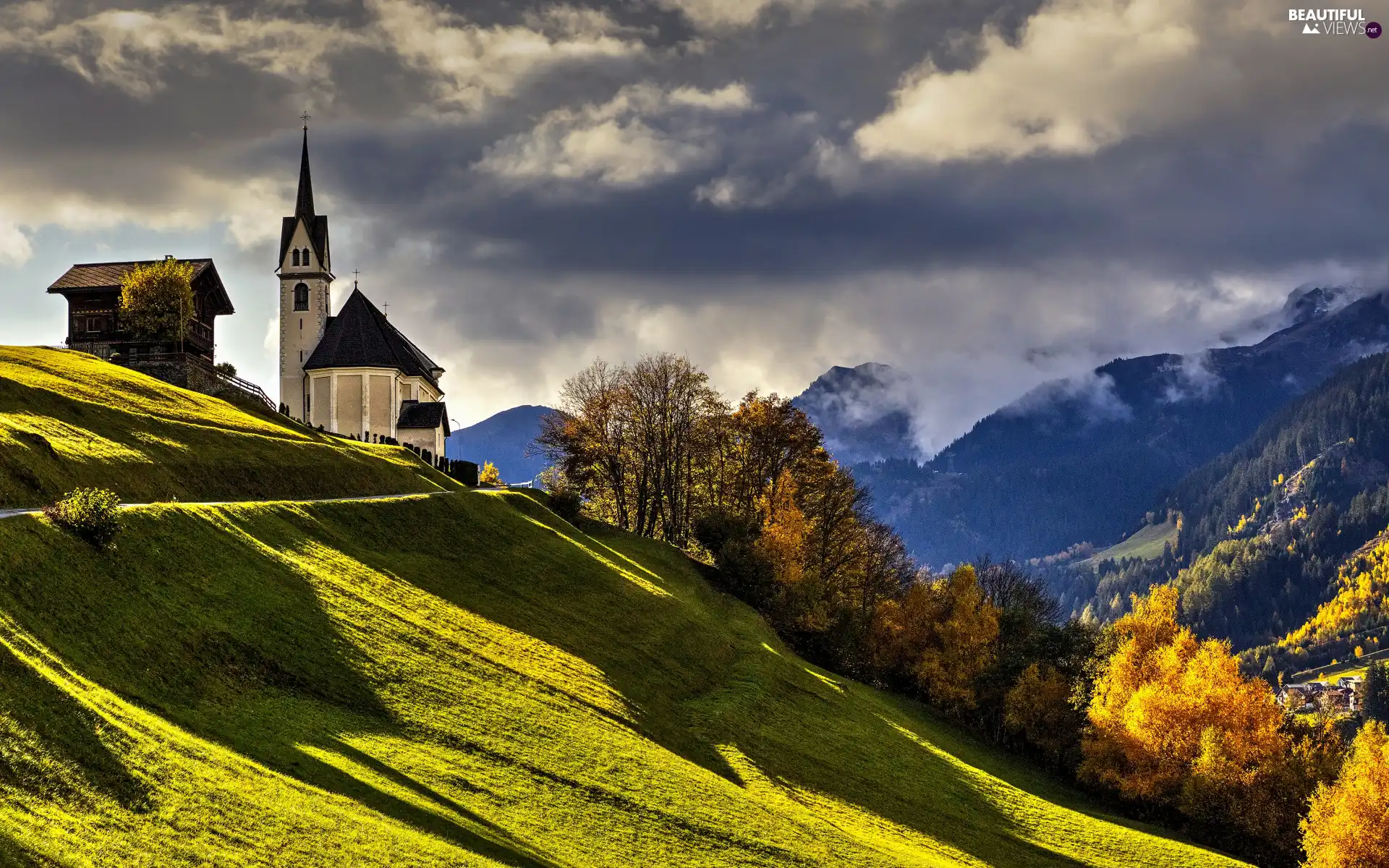 Mountains, trees, Hill, viewes, autumn, clouds, Church