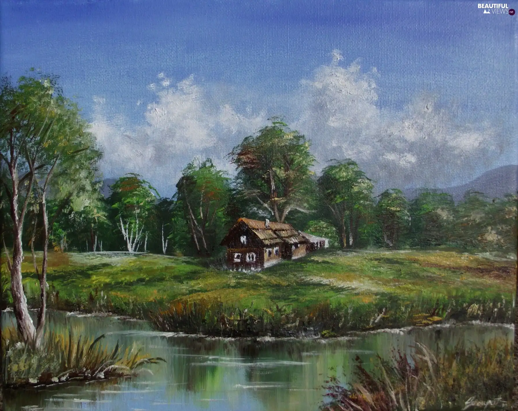house, trees, viewes, lake