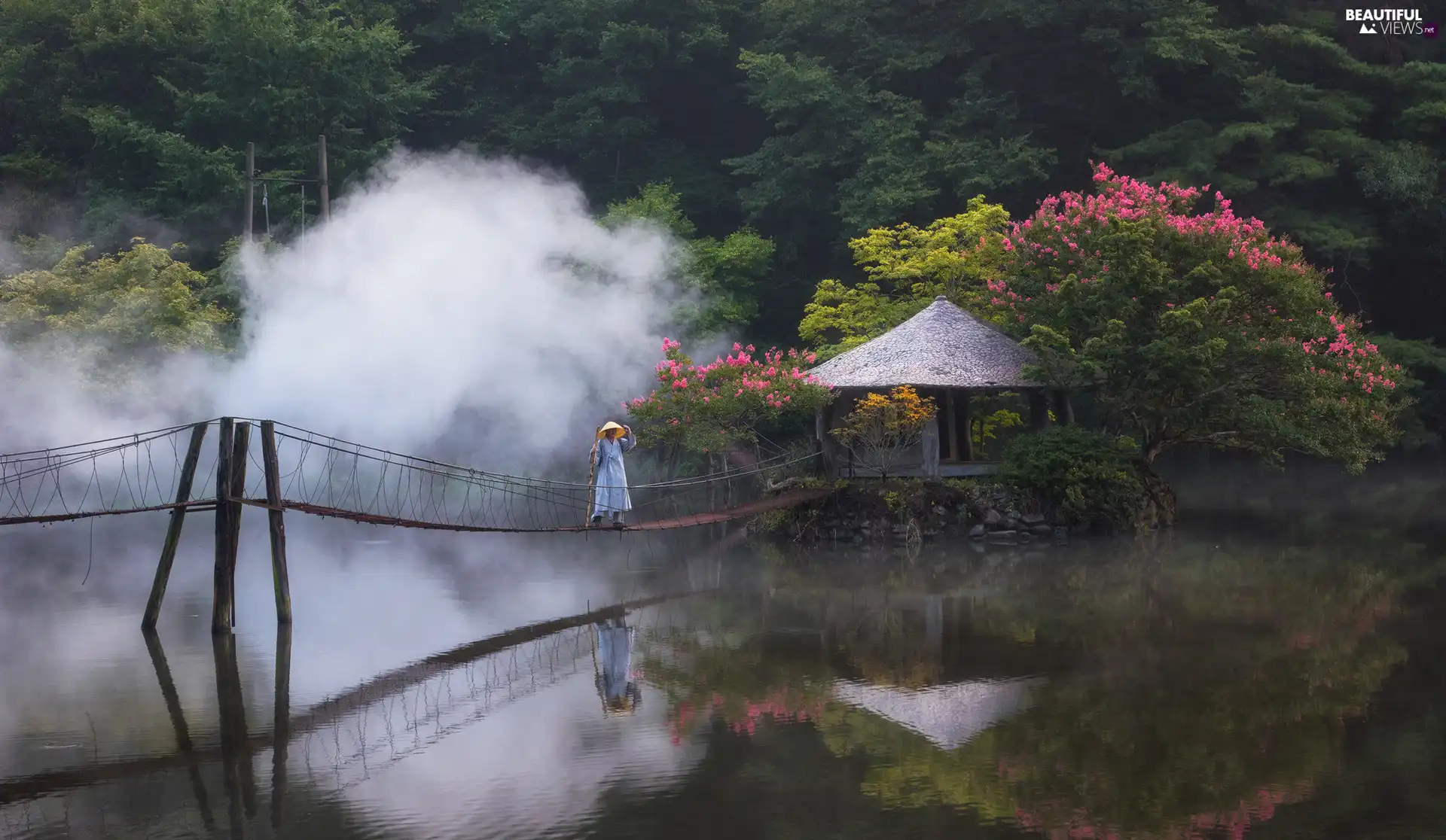 River, house, Human, trees, Flowers, pendant, Fog, viewes