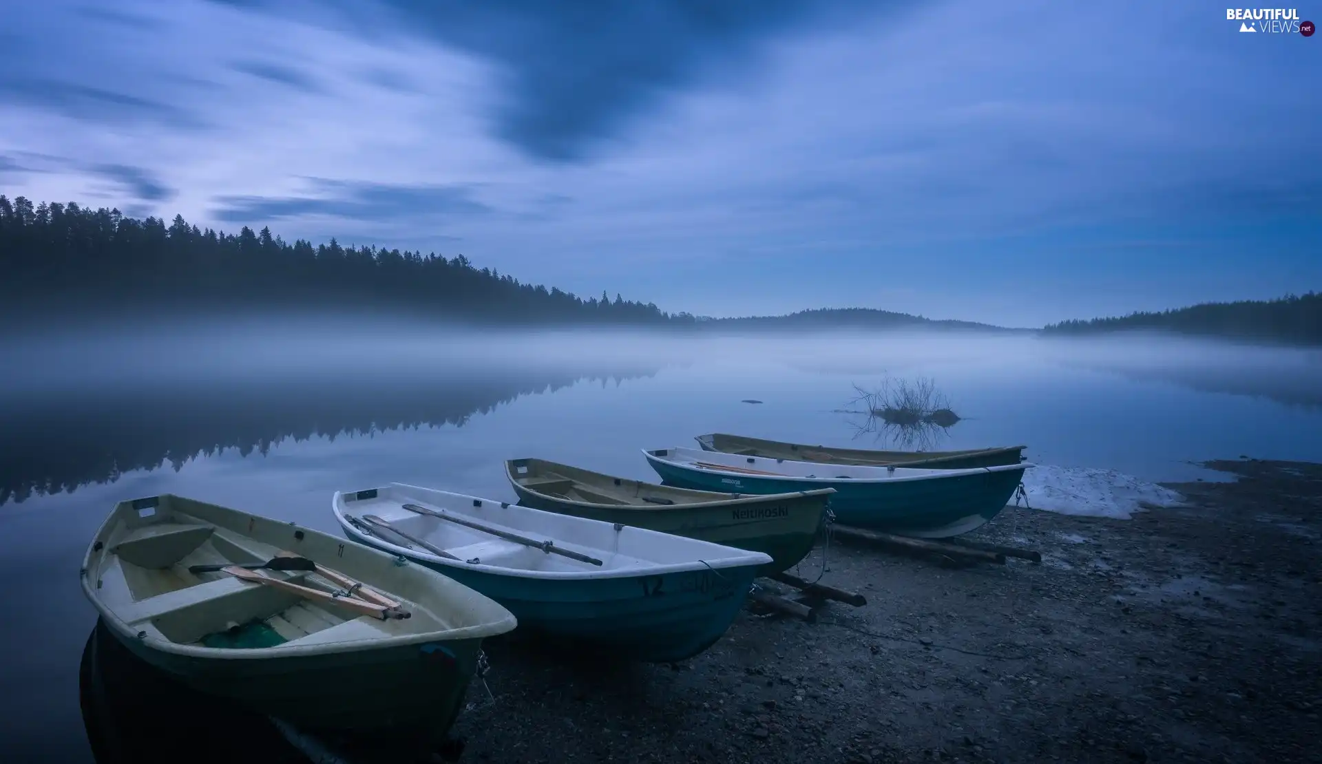 trees, viewes, lake, Fog, boats