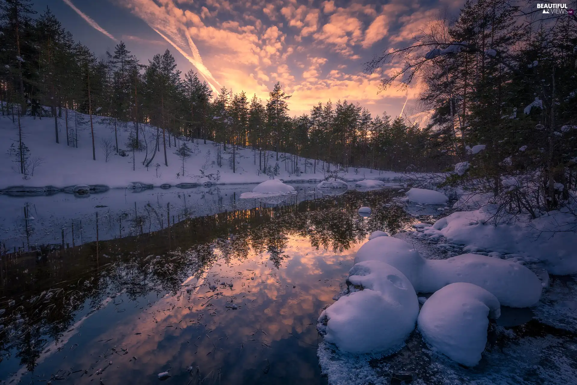 Ringerike Municipality, Norway, winter, snow, trees, viewes, lake, forest, Great Sunsets