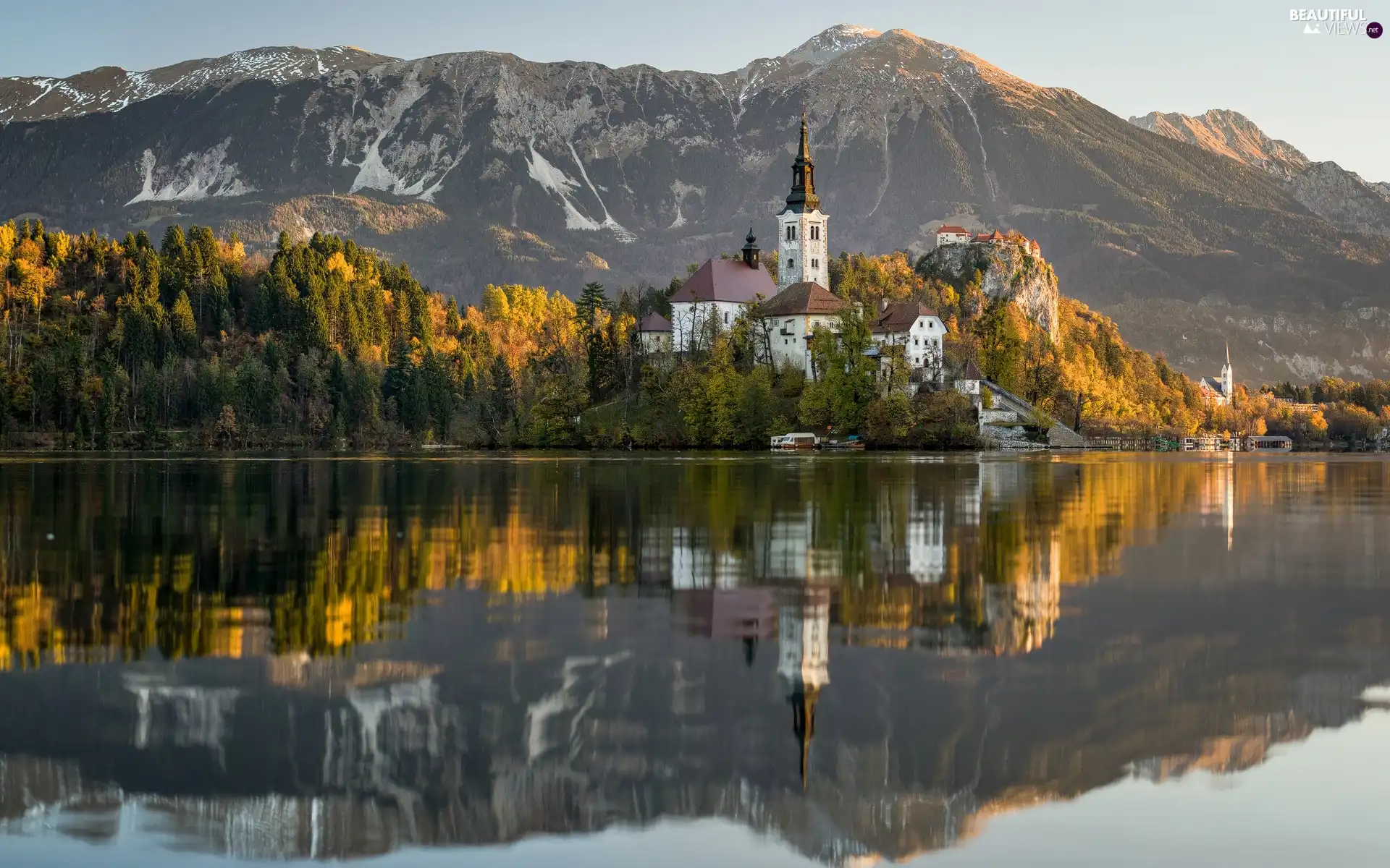 Mountains, autumn, Lake Bled, Island, viewes, Slovenia, reflection, trees, Church of the Assumption of the Blessed Virgin Mary