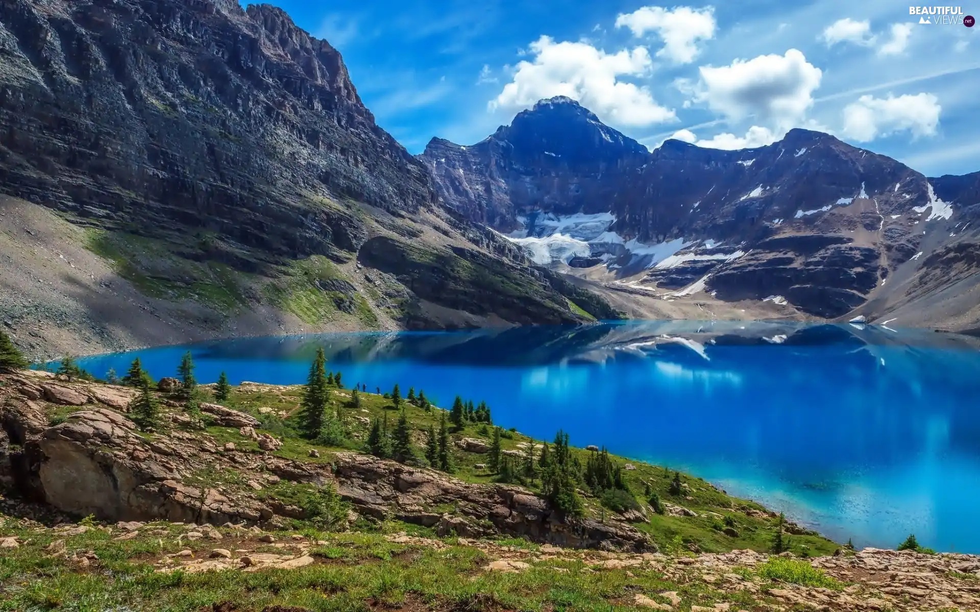 lake, trees, viewes, Mountains