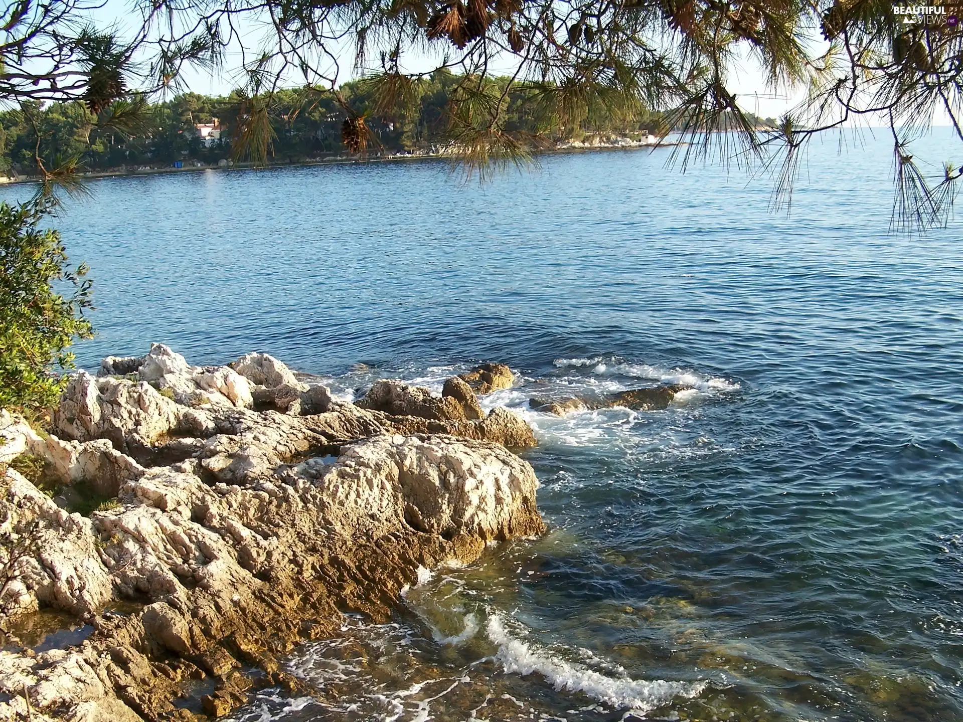 lake, trees, viewes, rocks