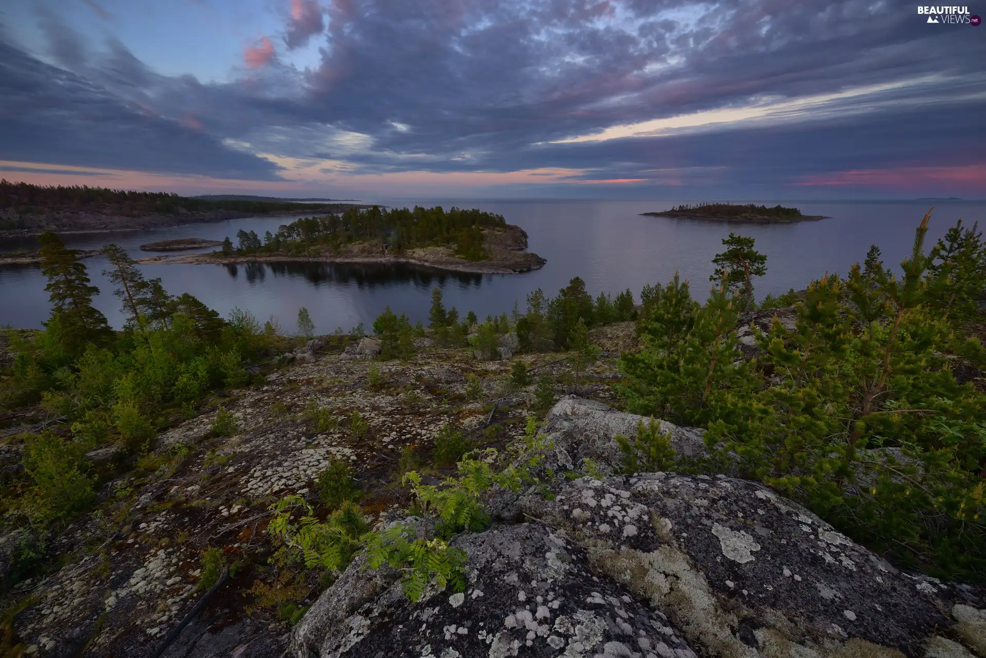 viewes, rocks, Russia, Islets, Karelia, trees, Lake Ladoga, Sunrise