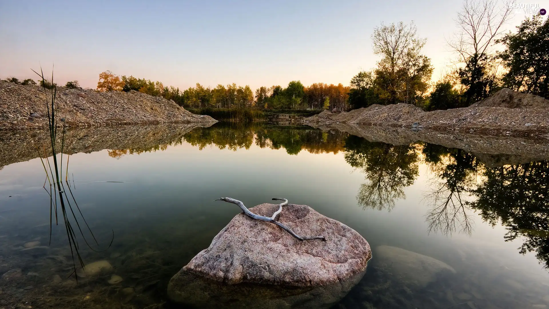 lake, trees, viewes, Stone