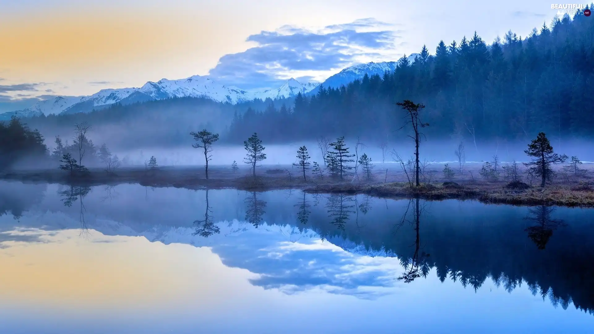 lake, trees, morning, viewes, forest, Fog, Mountains