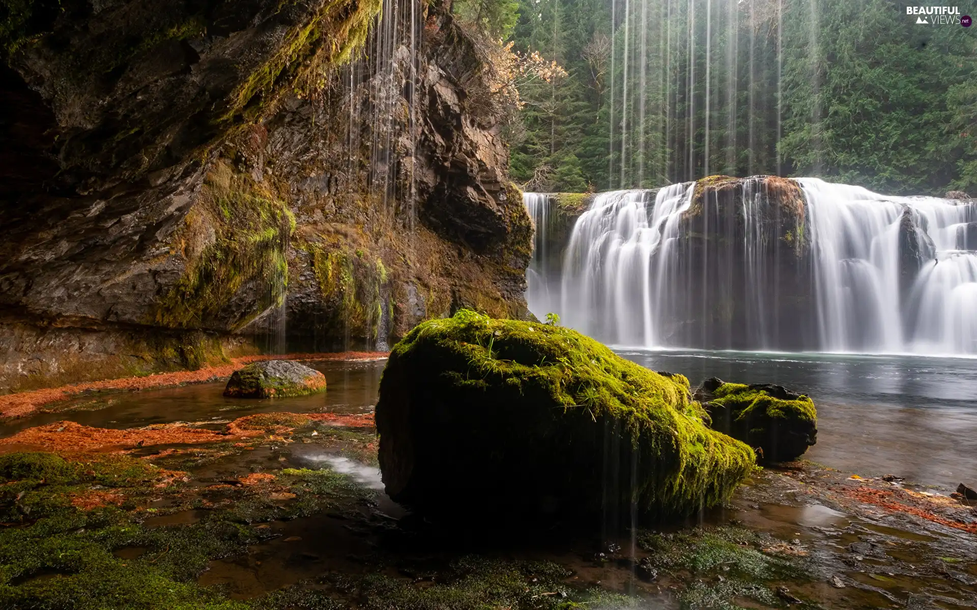 Stones, waterfall, trees, viewes, rocks, mossy