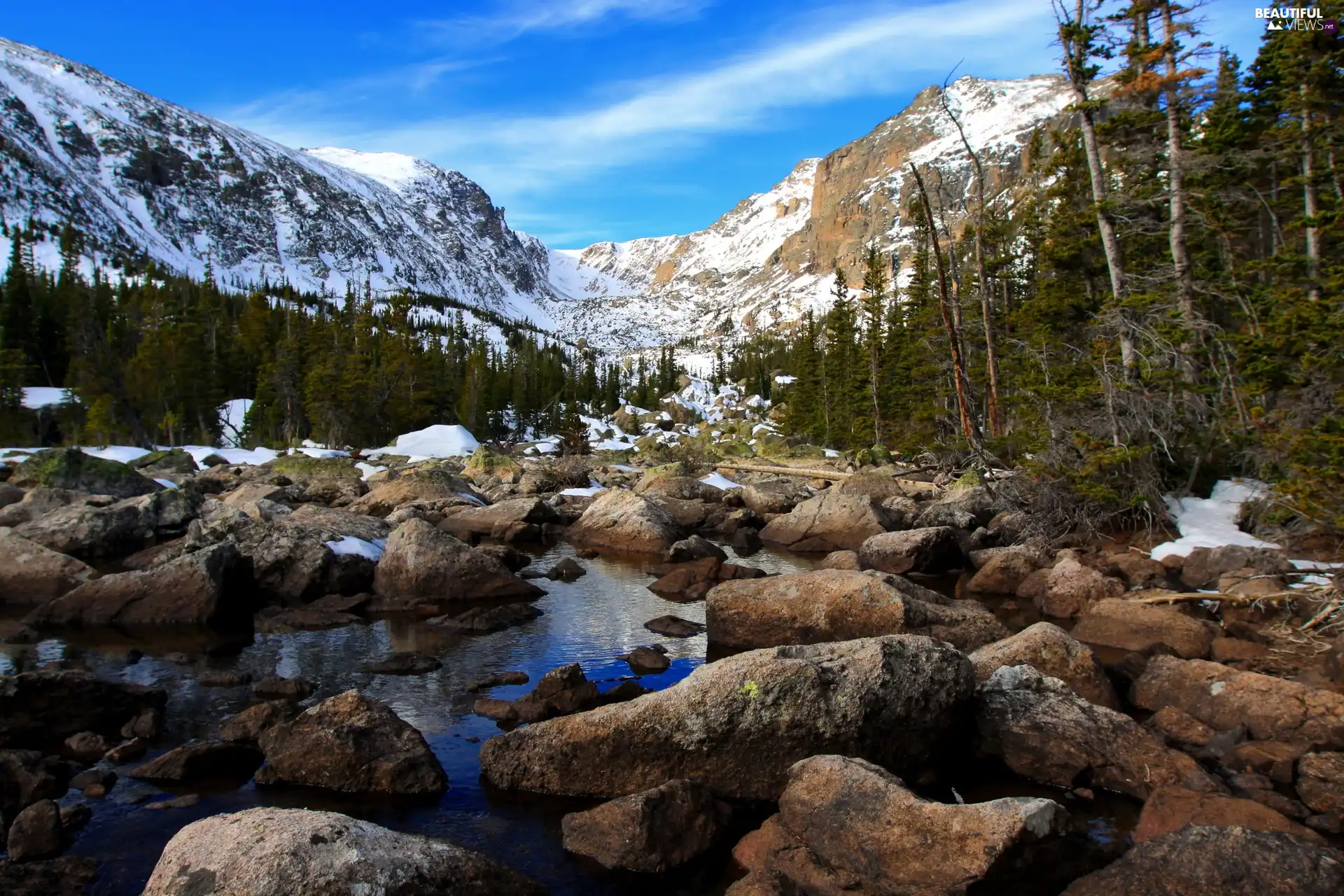 viewes, Mountains, Stones, trees, River