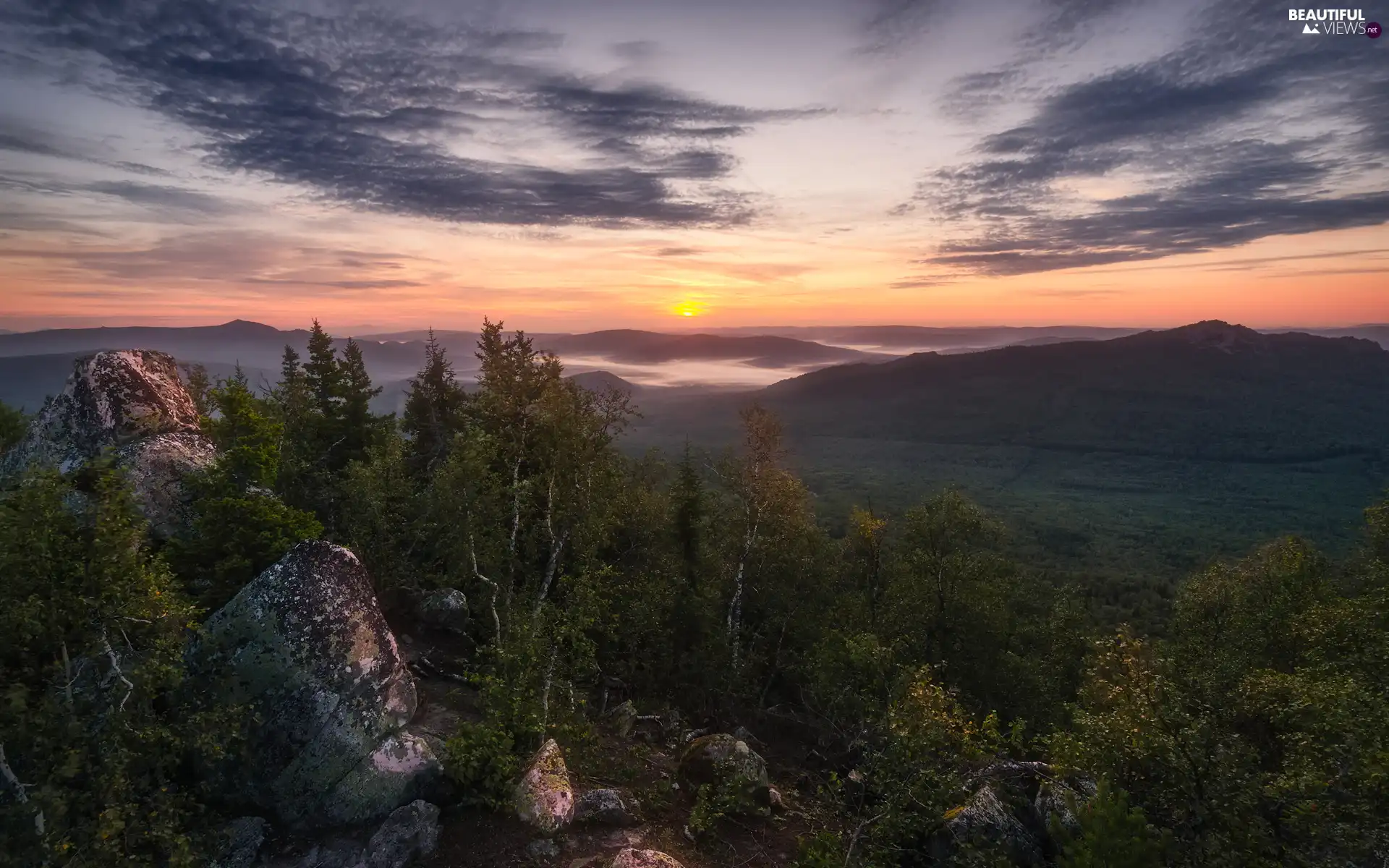 trees, viewes, Mountains, rocks, Sunrise