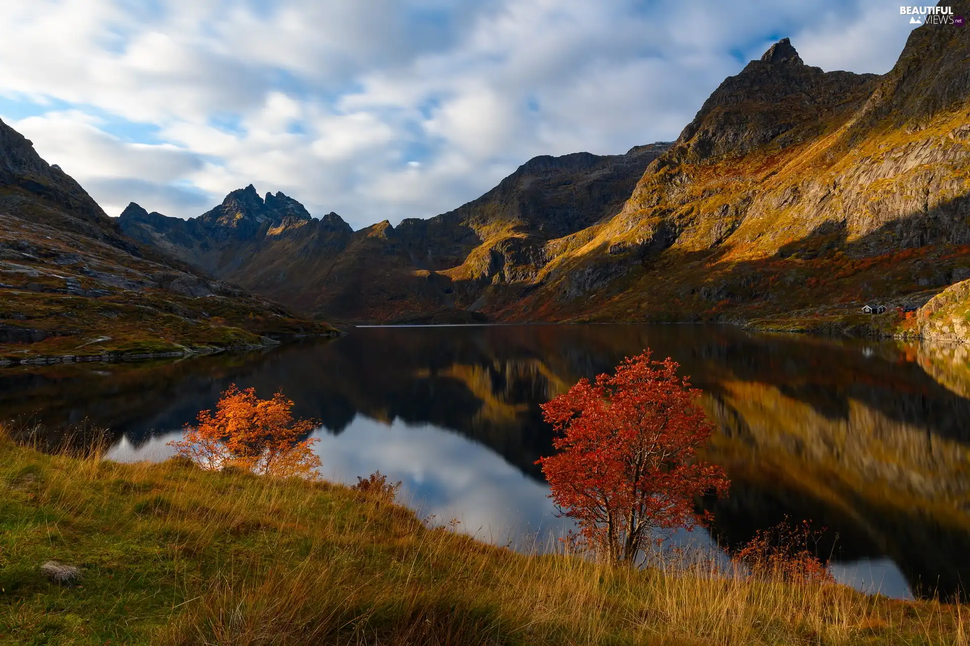 lake, autumn, trees, viewes, color, Mountains