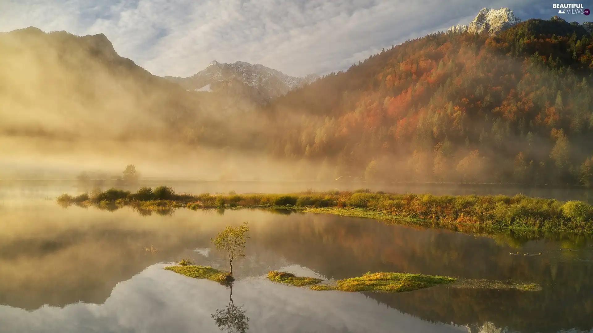 lake, autumn, trees, viewes, Fog, Mountains