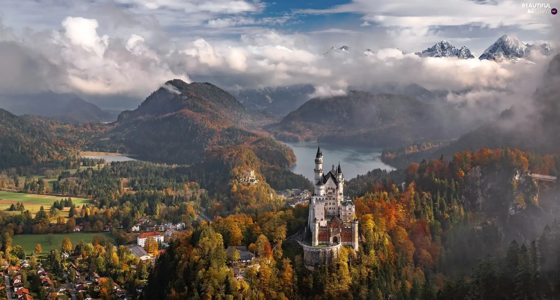 Schwangau Commune, Neuschwanstein Castle, Bavaria, Germany, Fog, Houses, trees, viewes, Alps Mountains