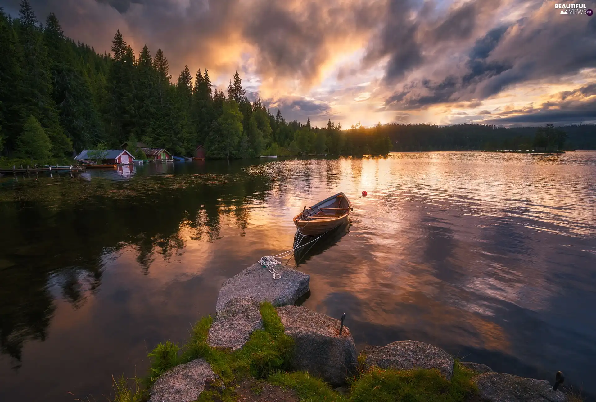 Houses, Ringerike, Oyangen Lake, trees, Stones, Norway, Great Sunsets, viewes, forest, Boat