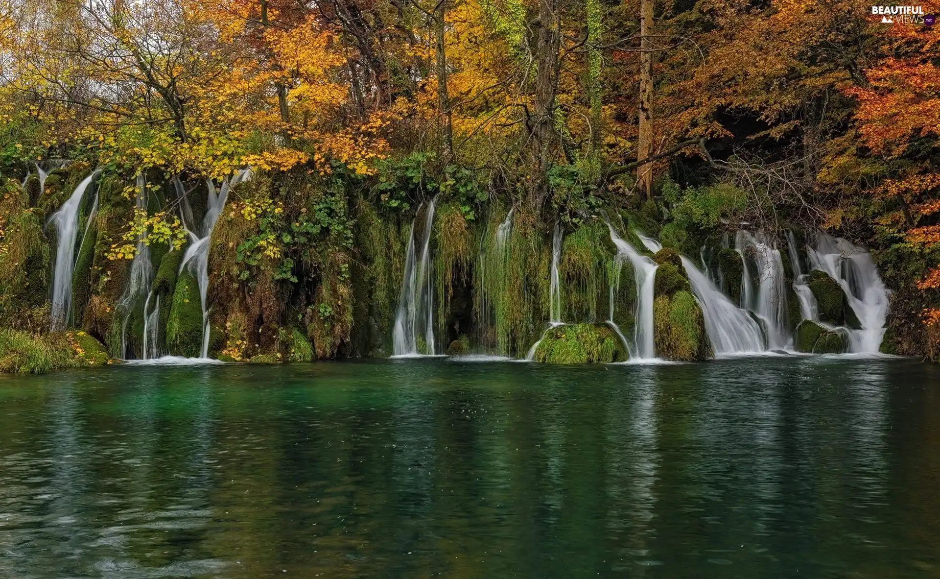Plitvice Lakes National Park, trees, Coartia, viewes, Plants, lake, waterfall, autumn