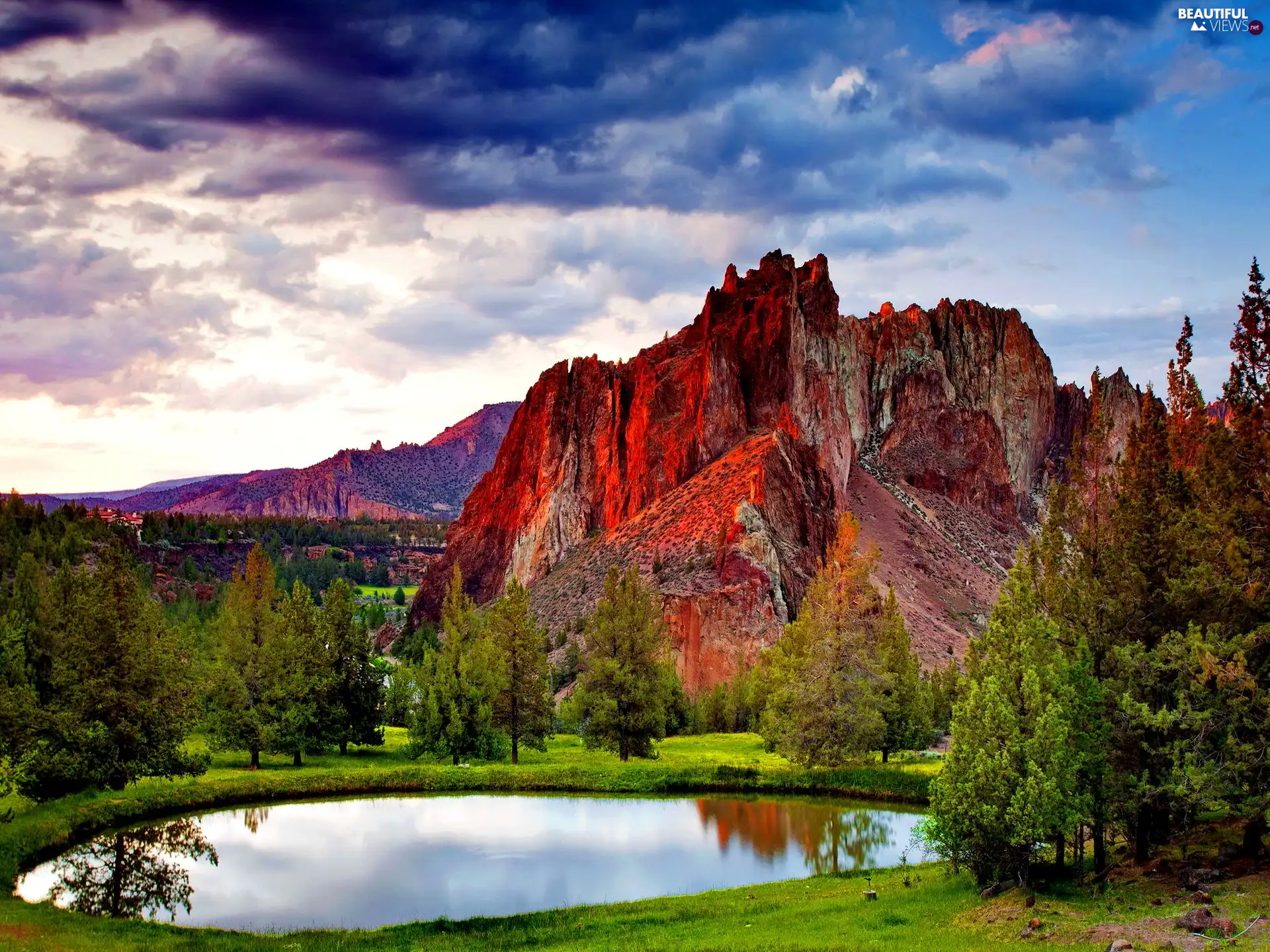 Mountains, trees, viewes, Pond - car