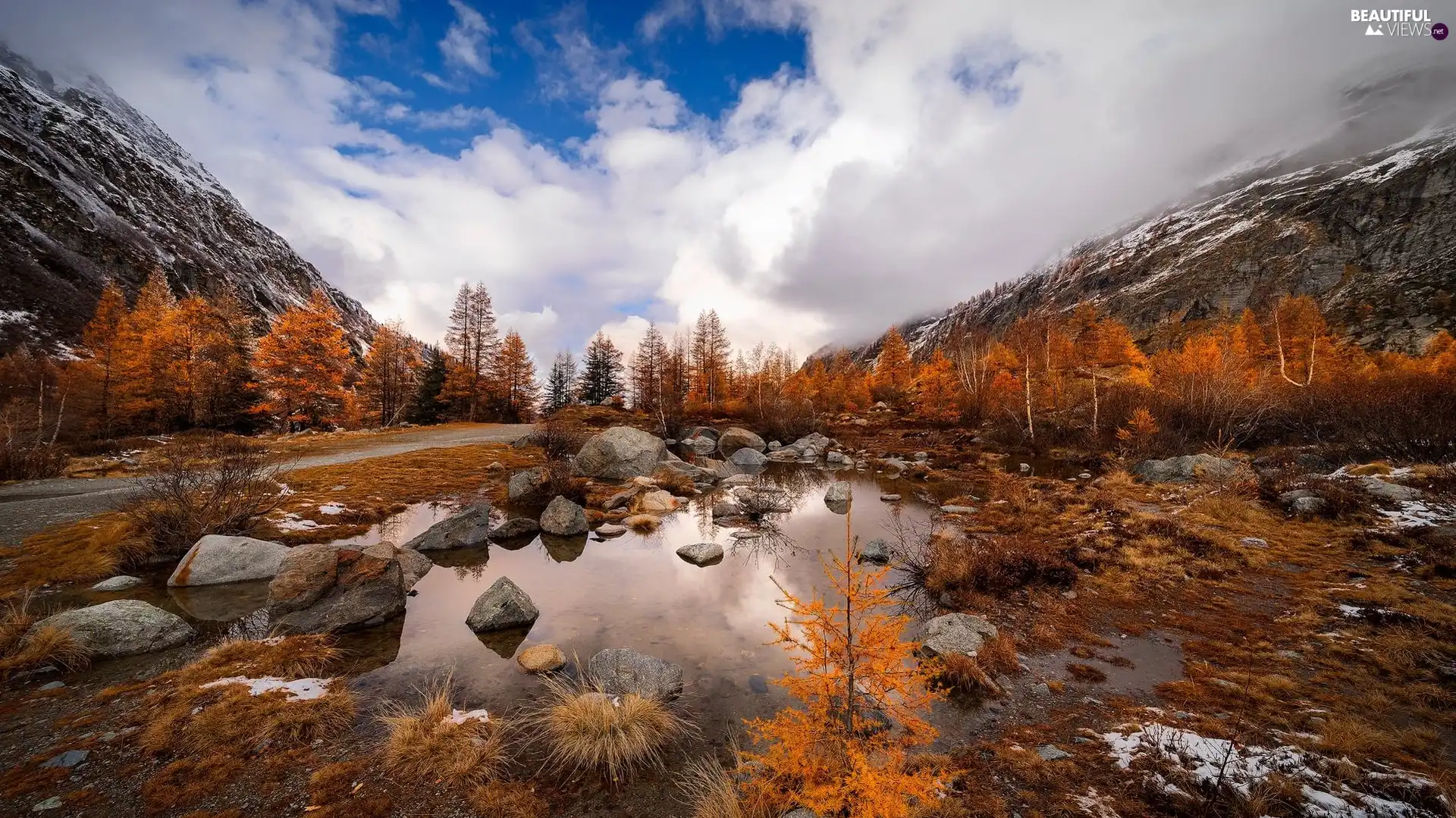 autumn, trees, puddle, viewes, Mountains, Stones, clouds