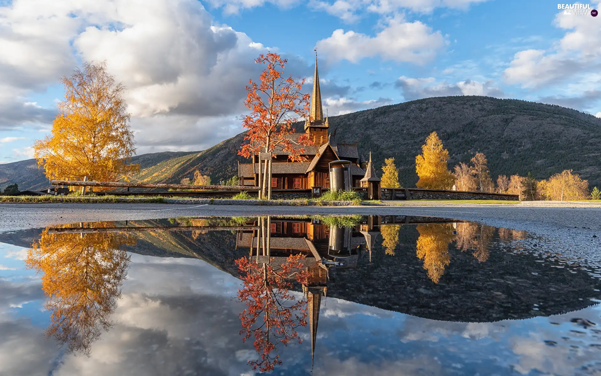 Church, trees, puddle, viewes, autumn, reflection, Mountains