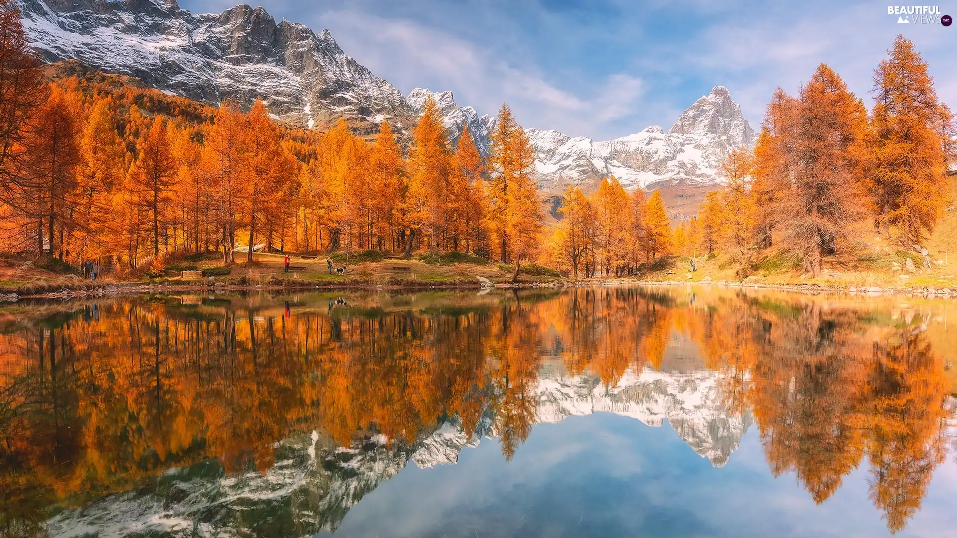 peaks, lake, reflection, trees, autumn, Snowy, Mountains, viewes