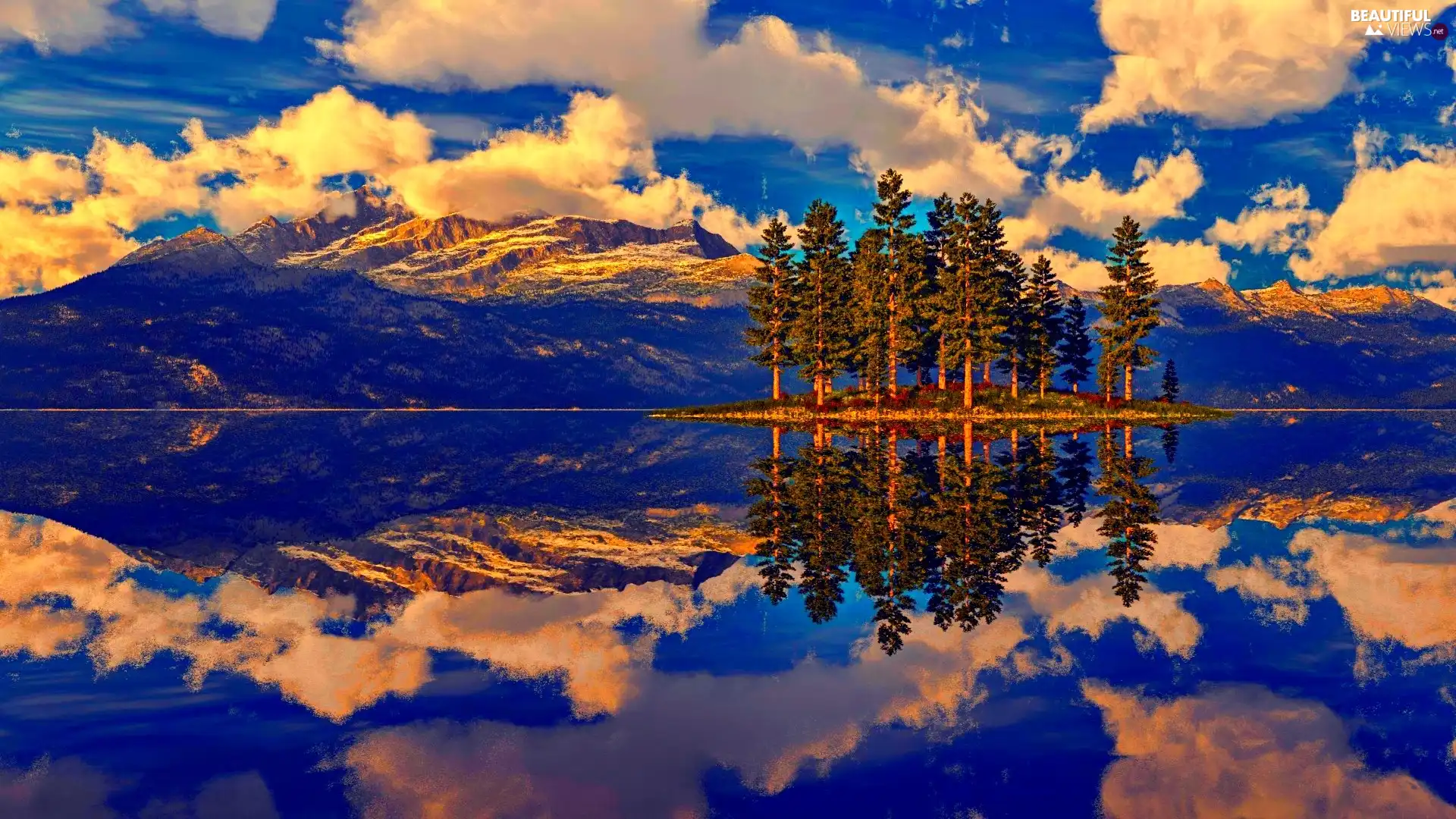 viewes, reflection, clouds, trees, Mountains