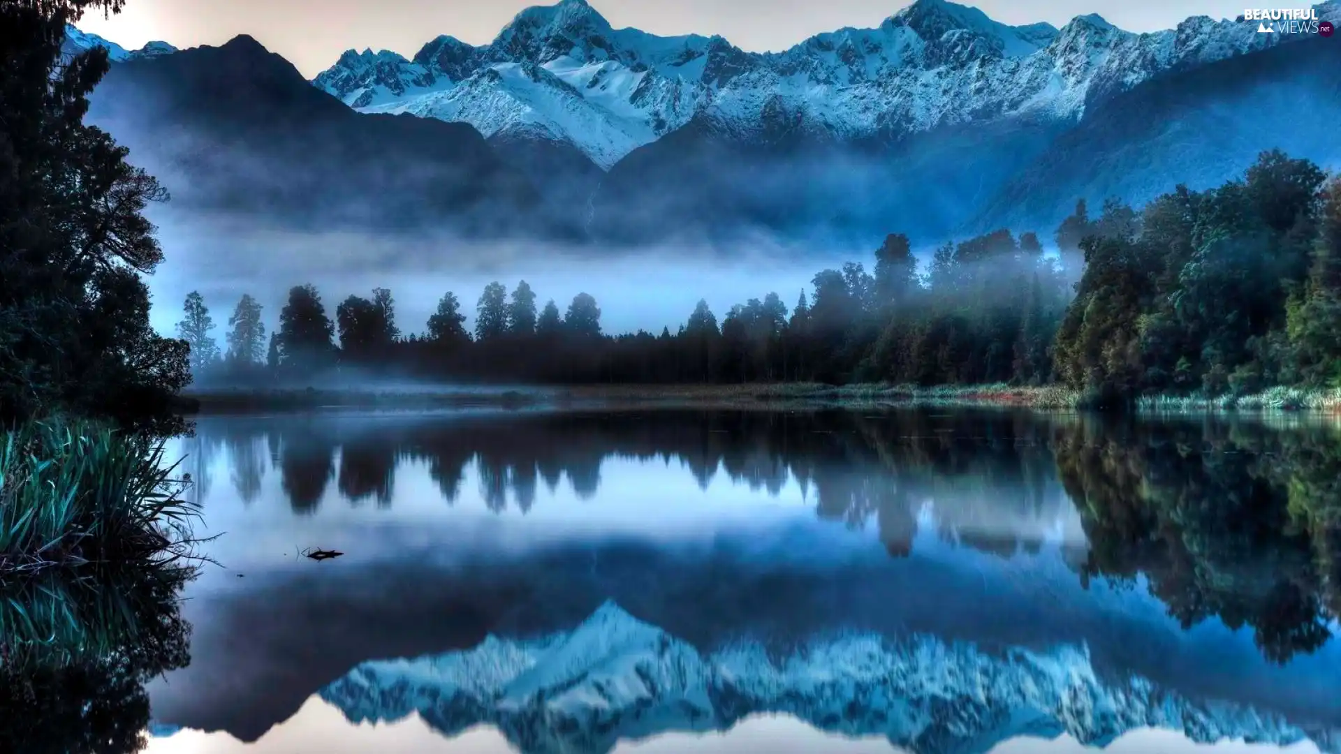 viewes, reflection, lake, trees, Mountains