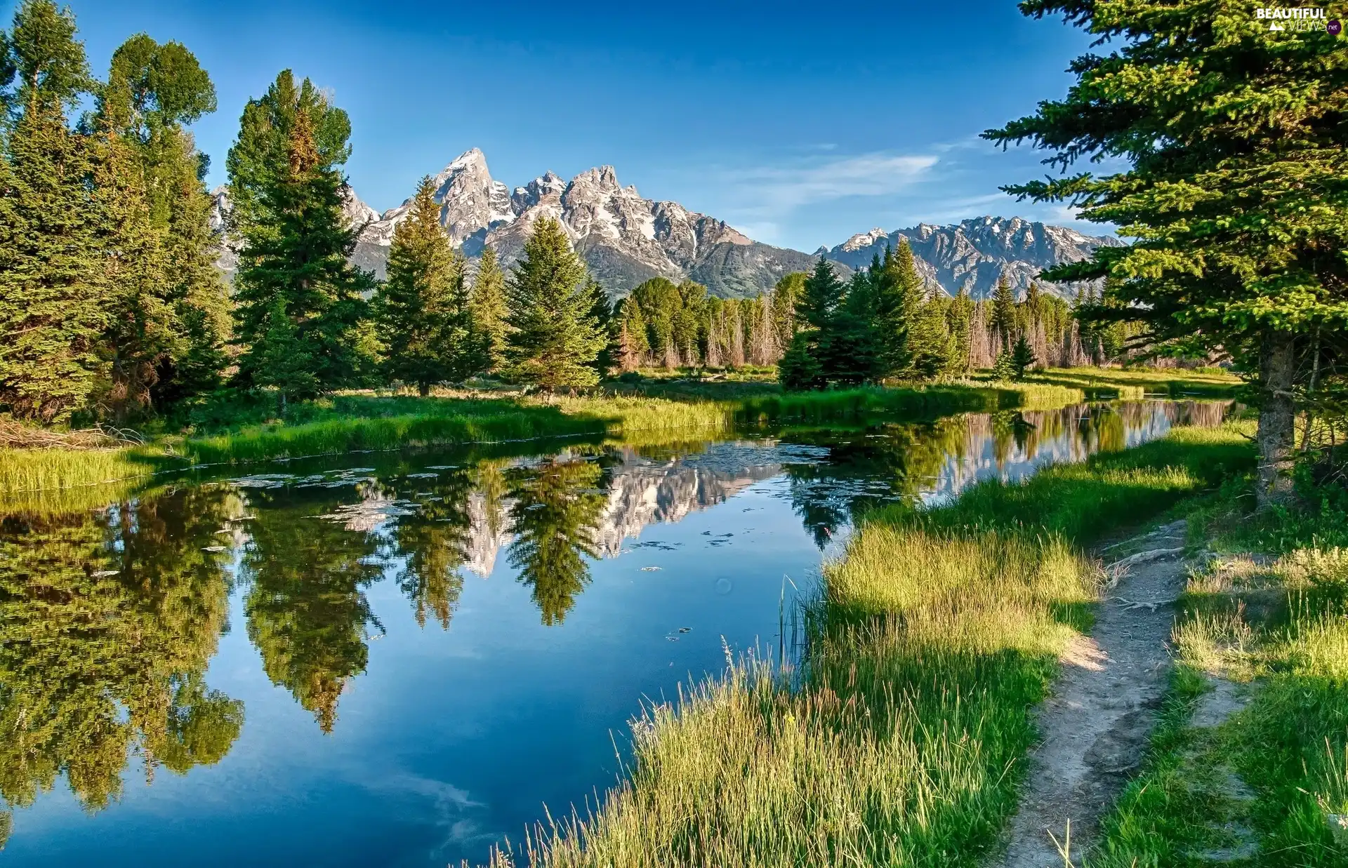 viewes, reflection, Mountains, trees, River