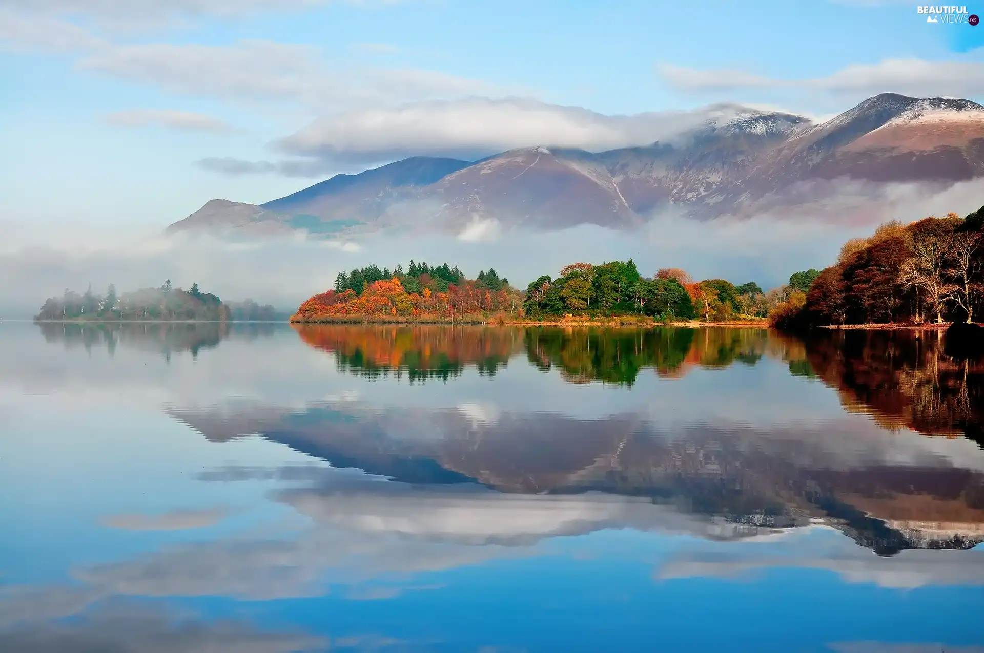 Steam, lake, viewes, reflection, trees, Mountains