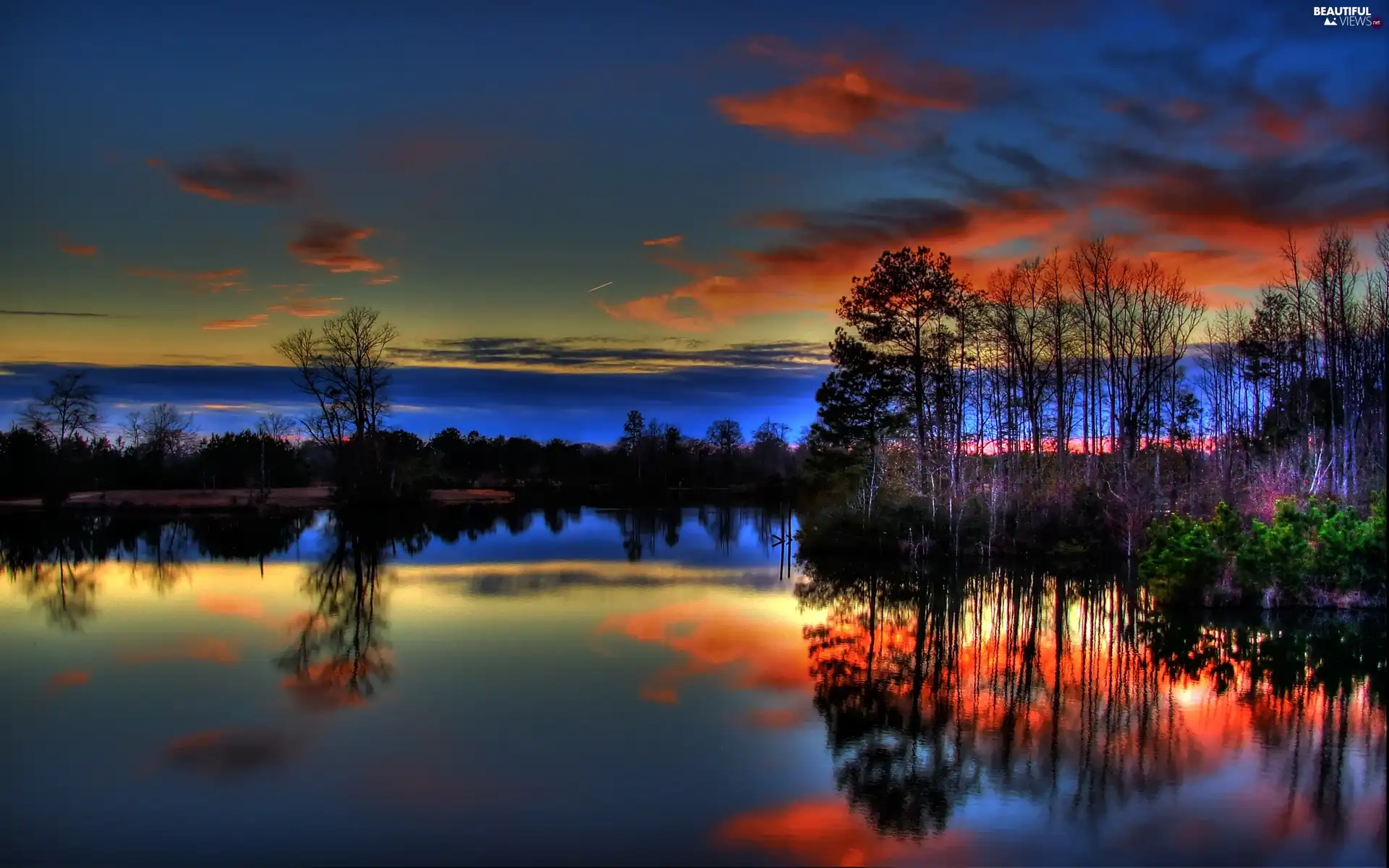 sun, lake, viewes, reflection, trees, west