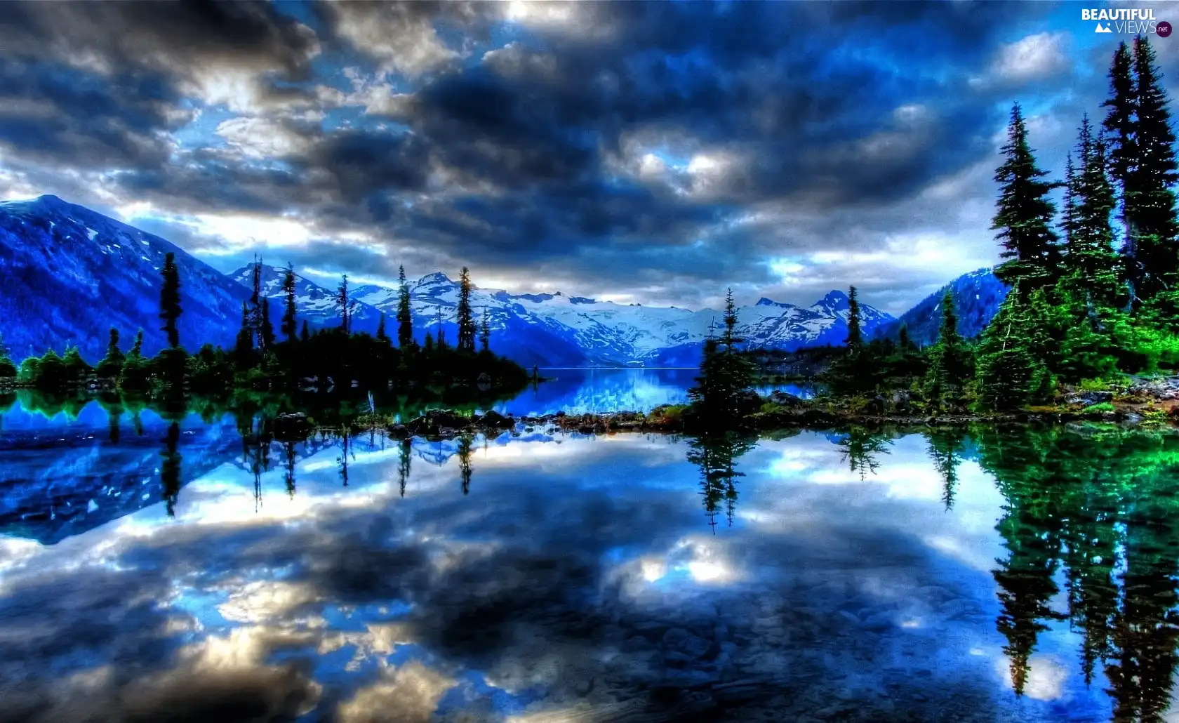 lake, Mountains, viewes, reflection, trees, clouds