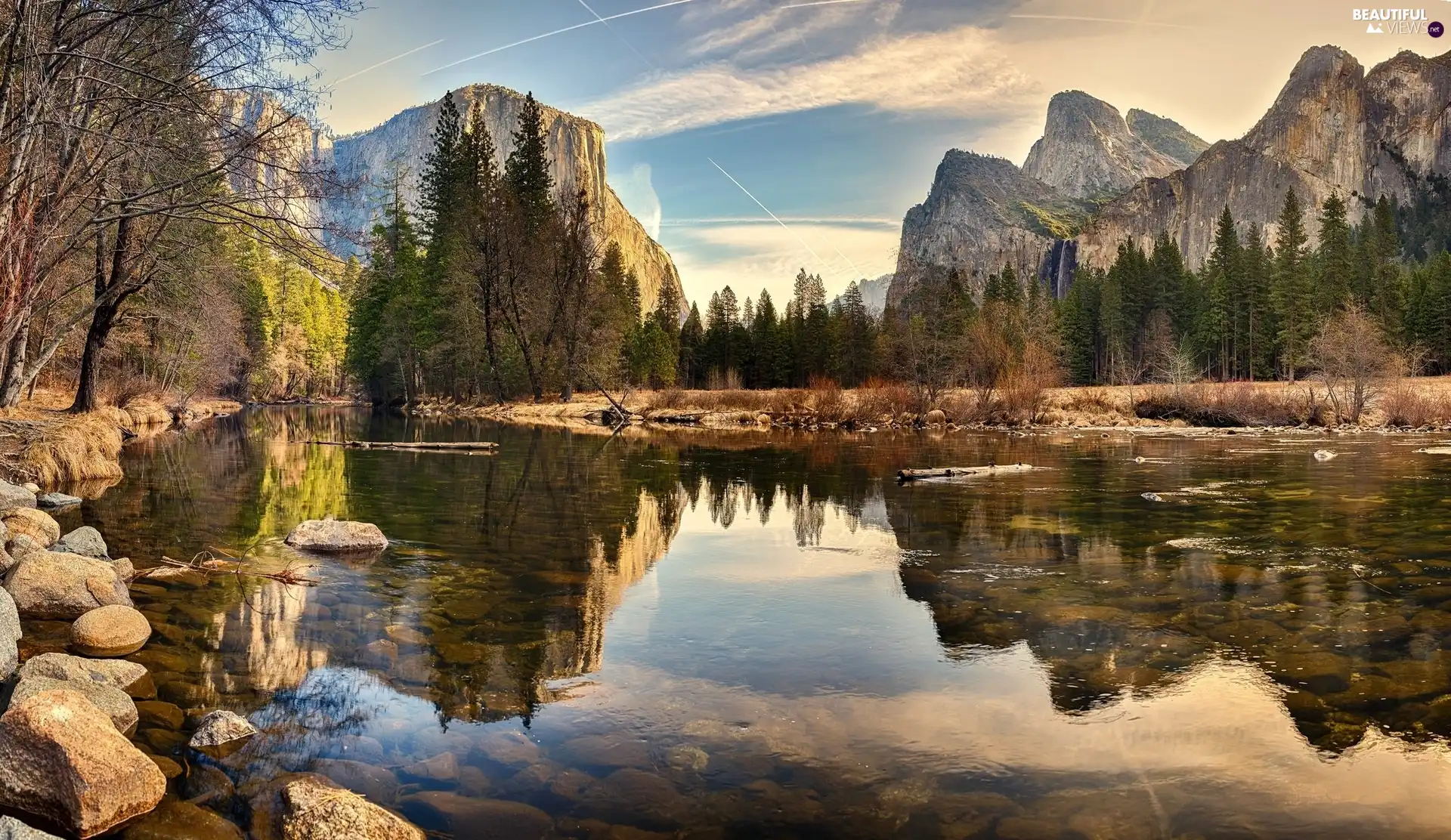 Stones, Mountains, viewes, reflection, trees, lake