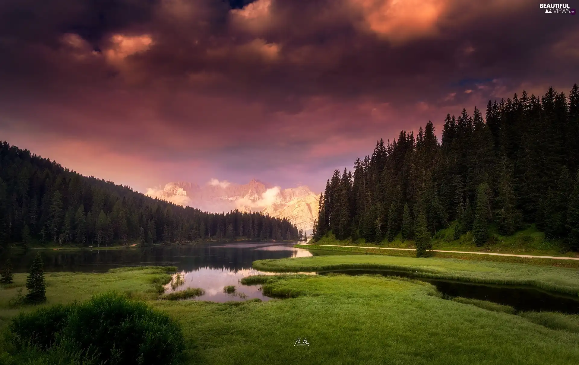 trees, viewes, River, clouds, Mountains