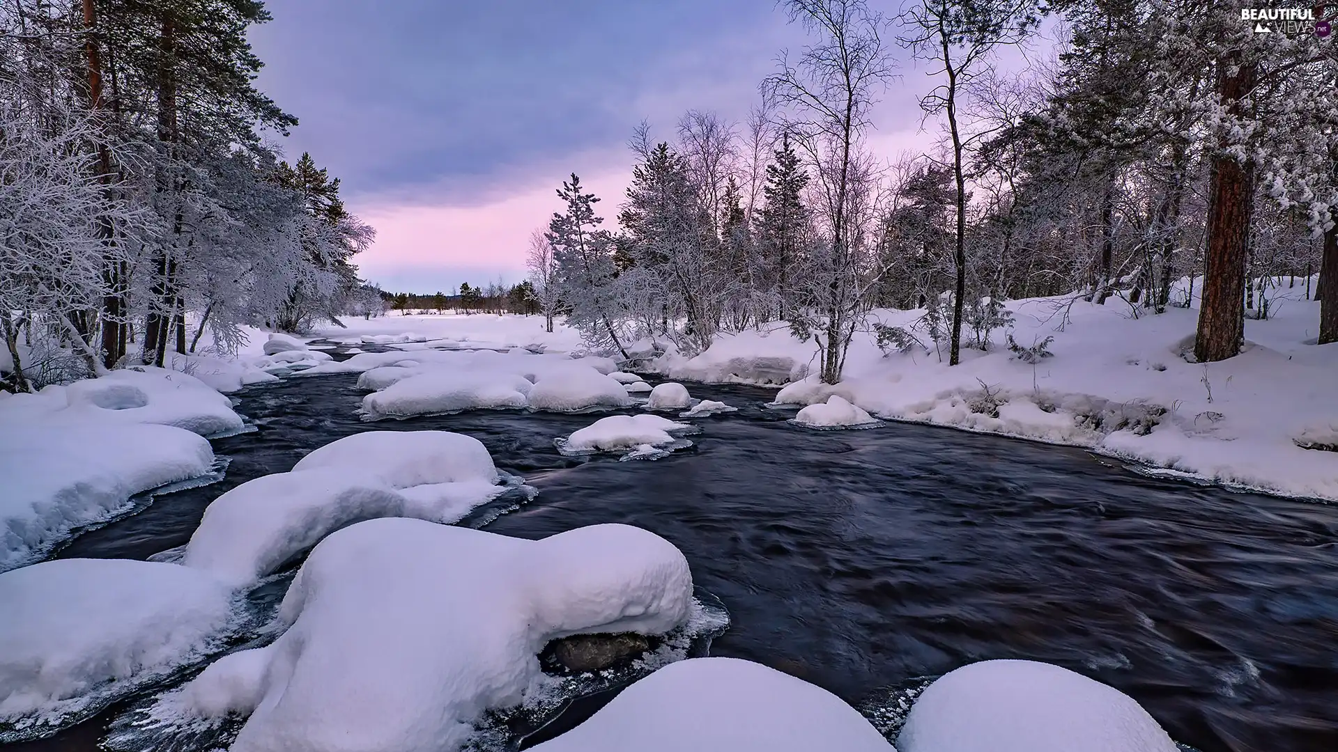 snowy, winter, trees, viewes, Stones, River