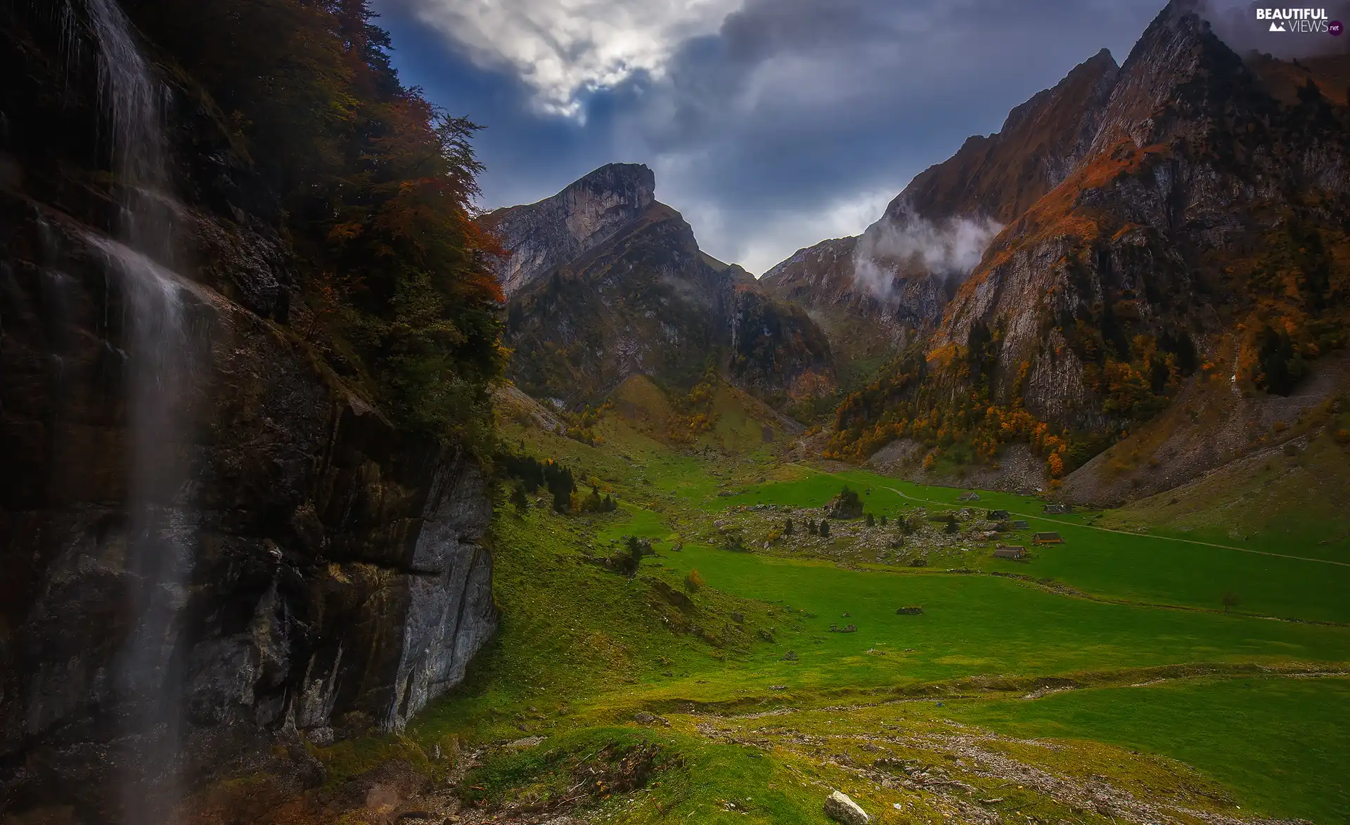 Houses, Mountains, viewes, Rocks, trees, Valley