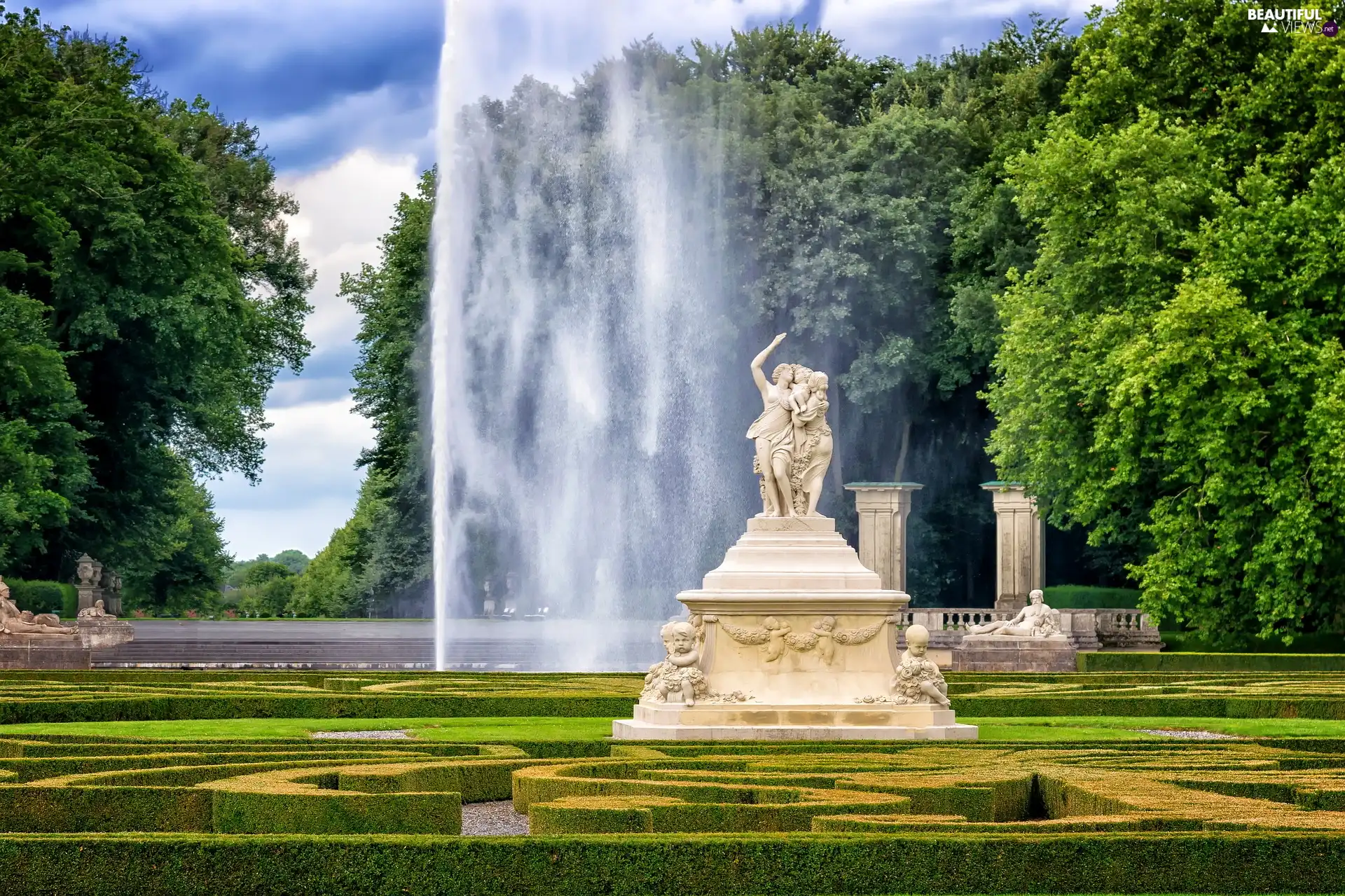 statues, Park, trees, viewes, fountain, sculpture