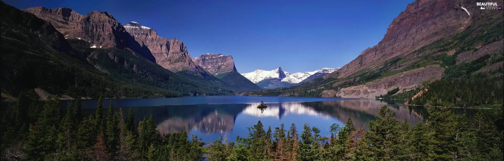 viewes, Sky, lake, trees, Mountains