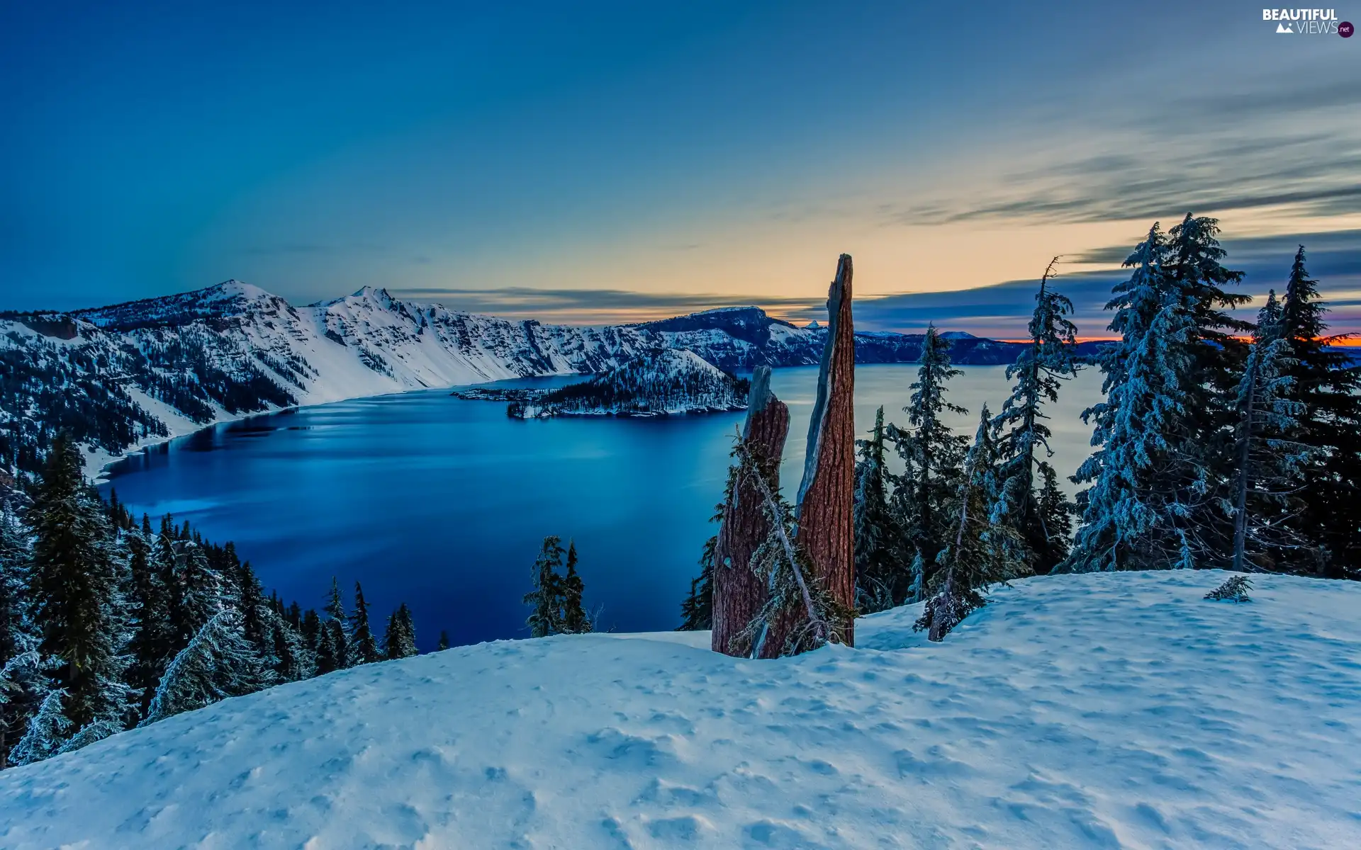 viewes, snow, Mountains, trees, lake