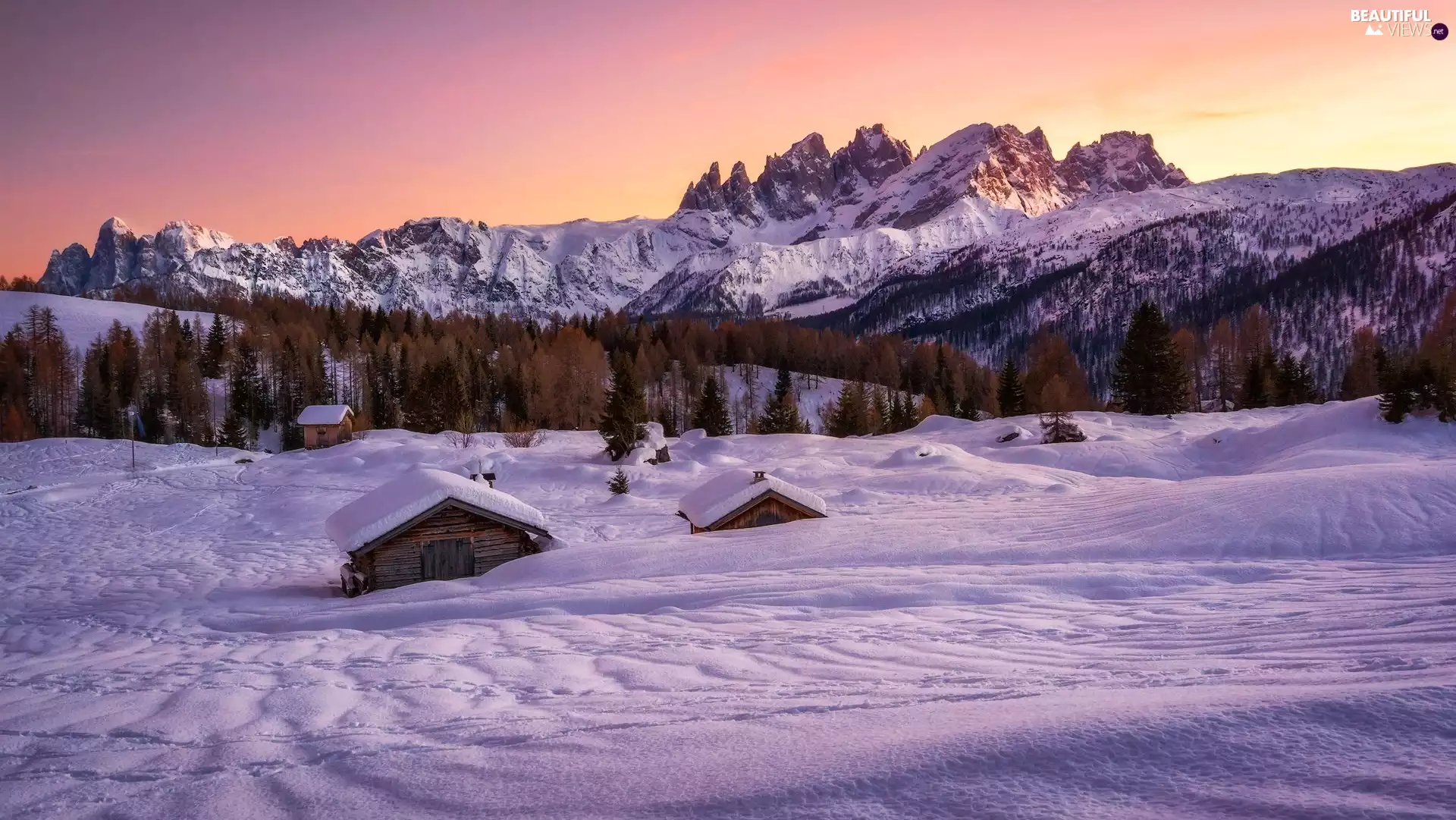 Houses, trees, snow, viewes, Mountains, winter, Sunrise