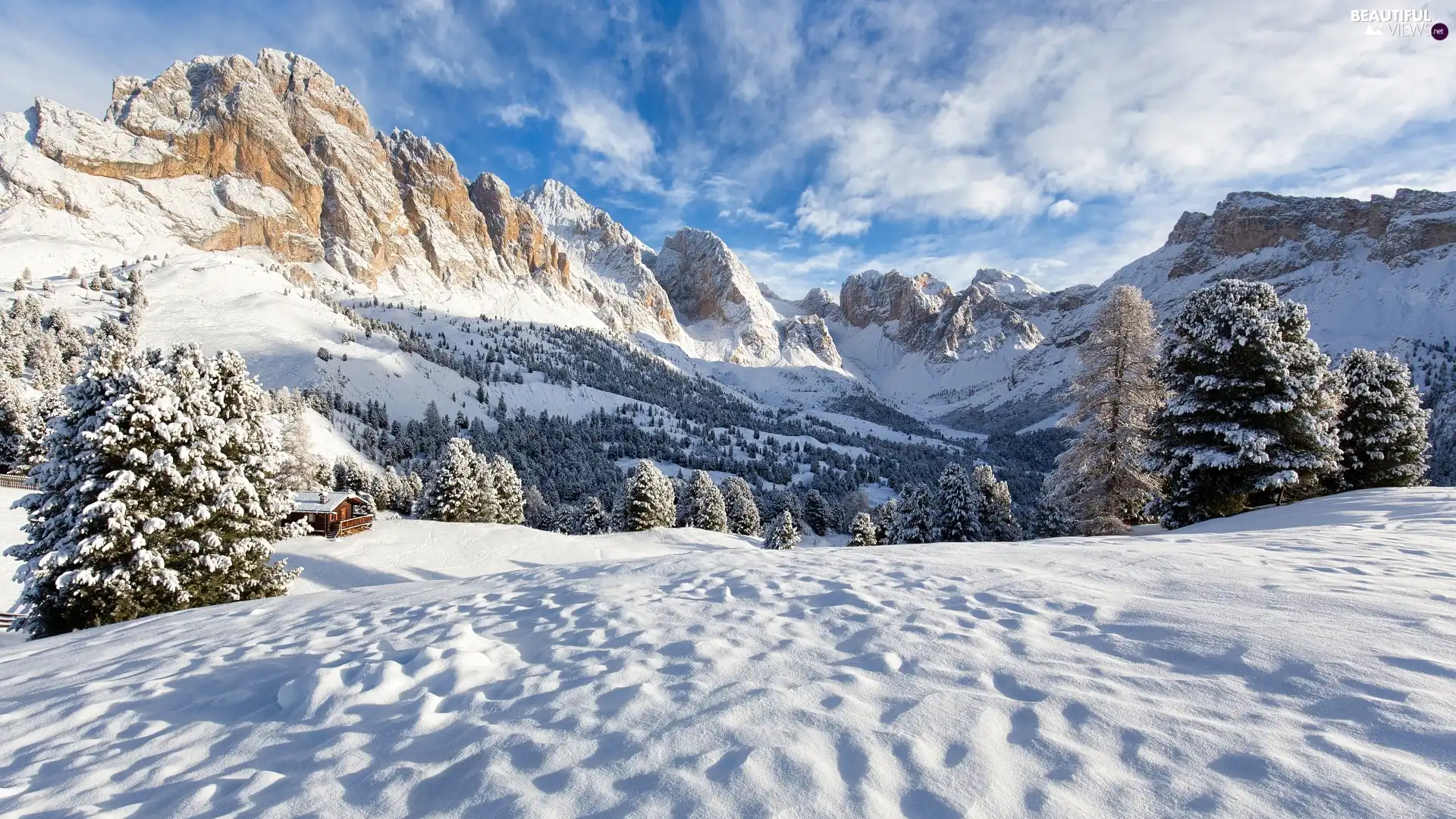 Mountains, winter, trees, viewes, house, Snowy