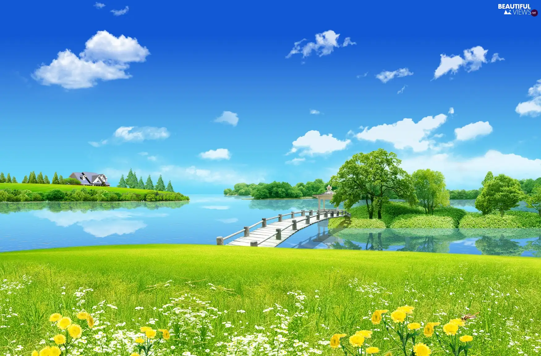 lake, Meadow, viewes, Spring, trees, bridges