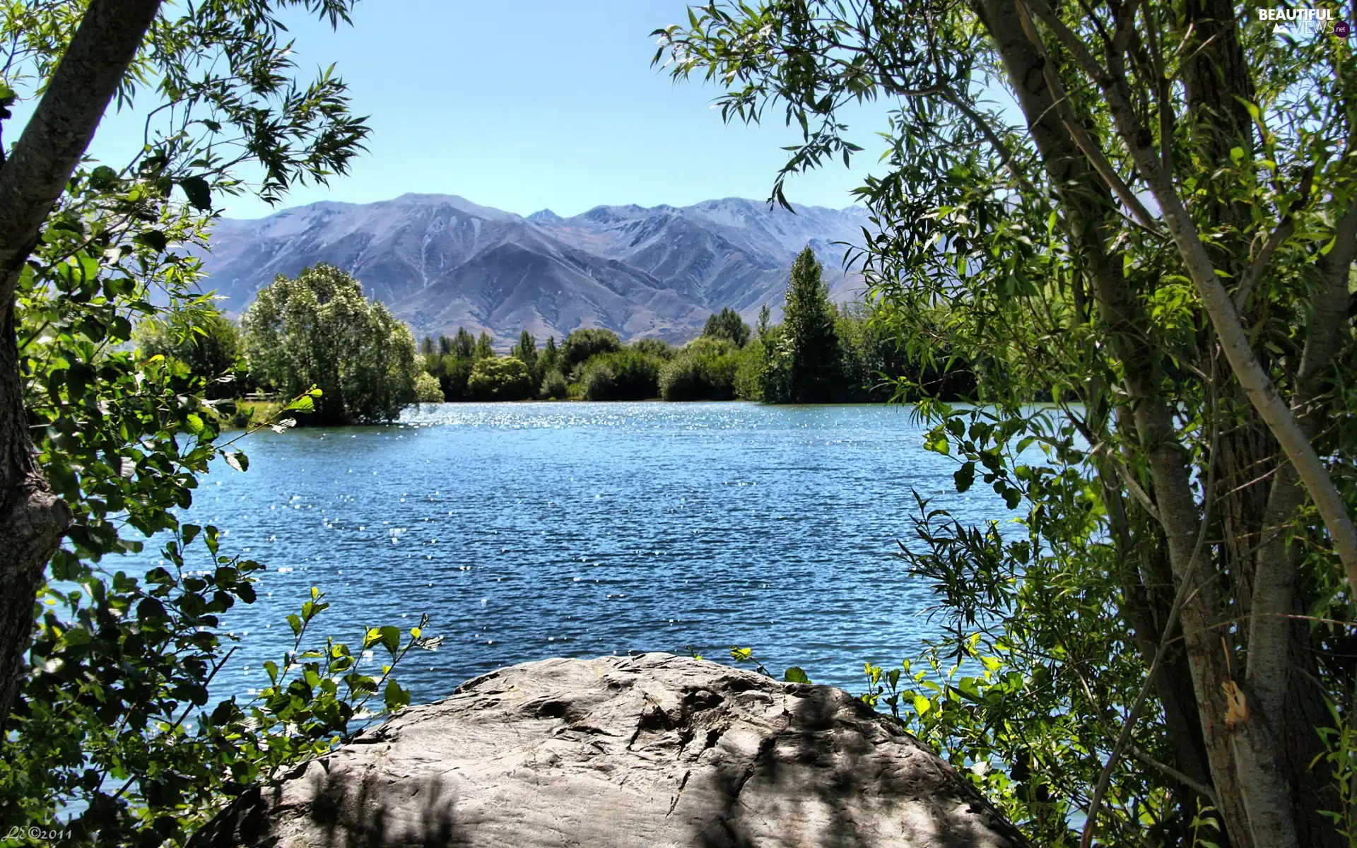 viewes, stone, lake, trees, Mountains