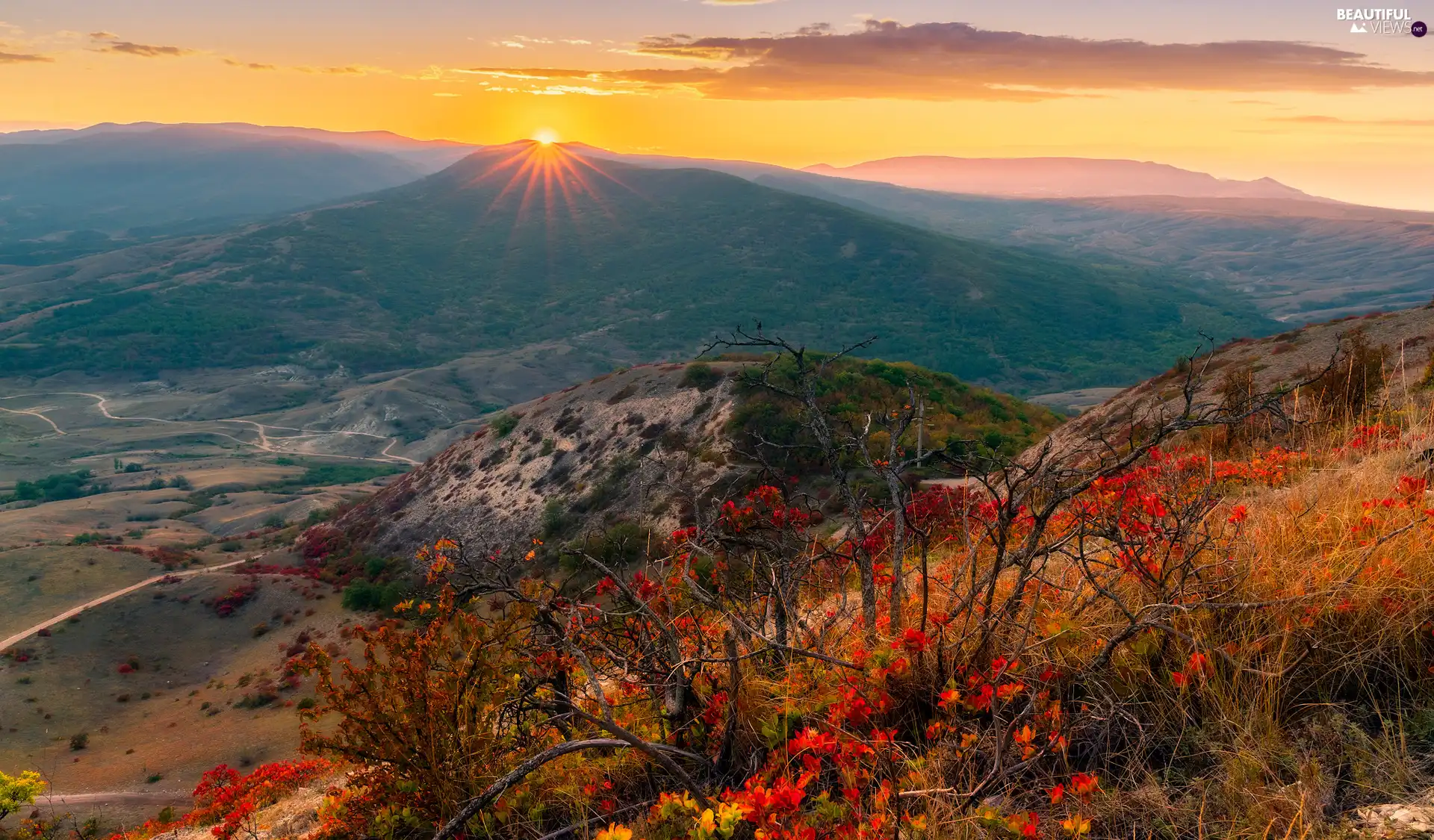 viewes, Mountains, Great Sunsets, autumn, rays of the Sun, trees