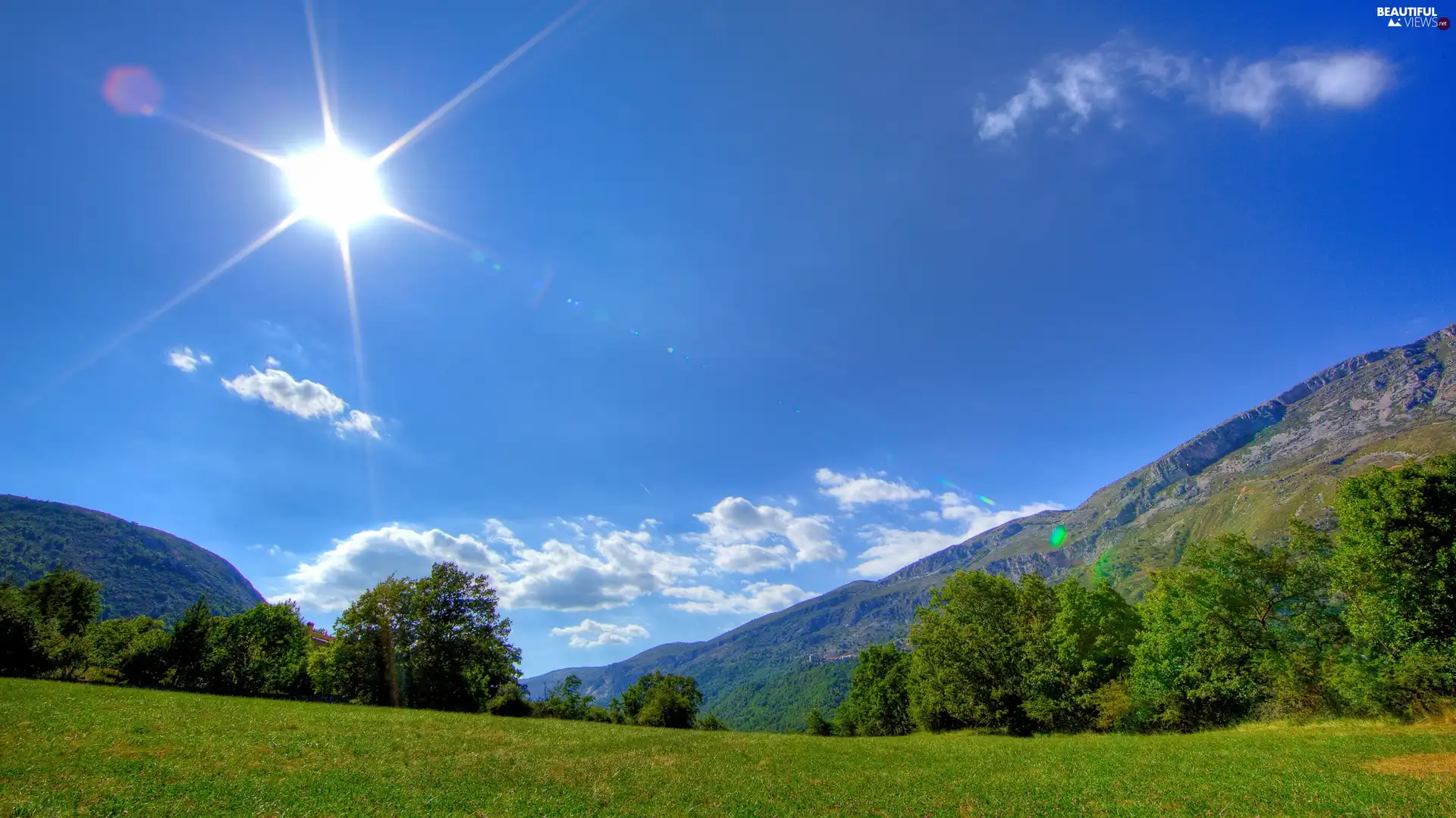 viewes, sun, Meadow, trees, Mountains