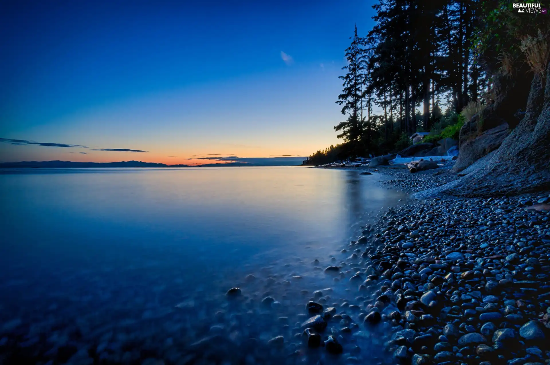 trees, coast, west, Stones, lake, viewes, sun