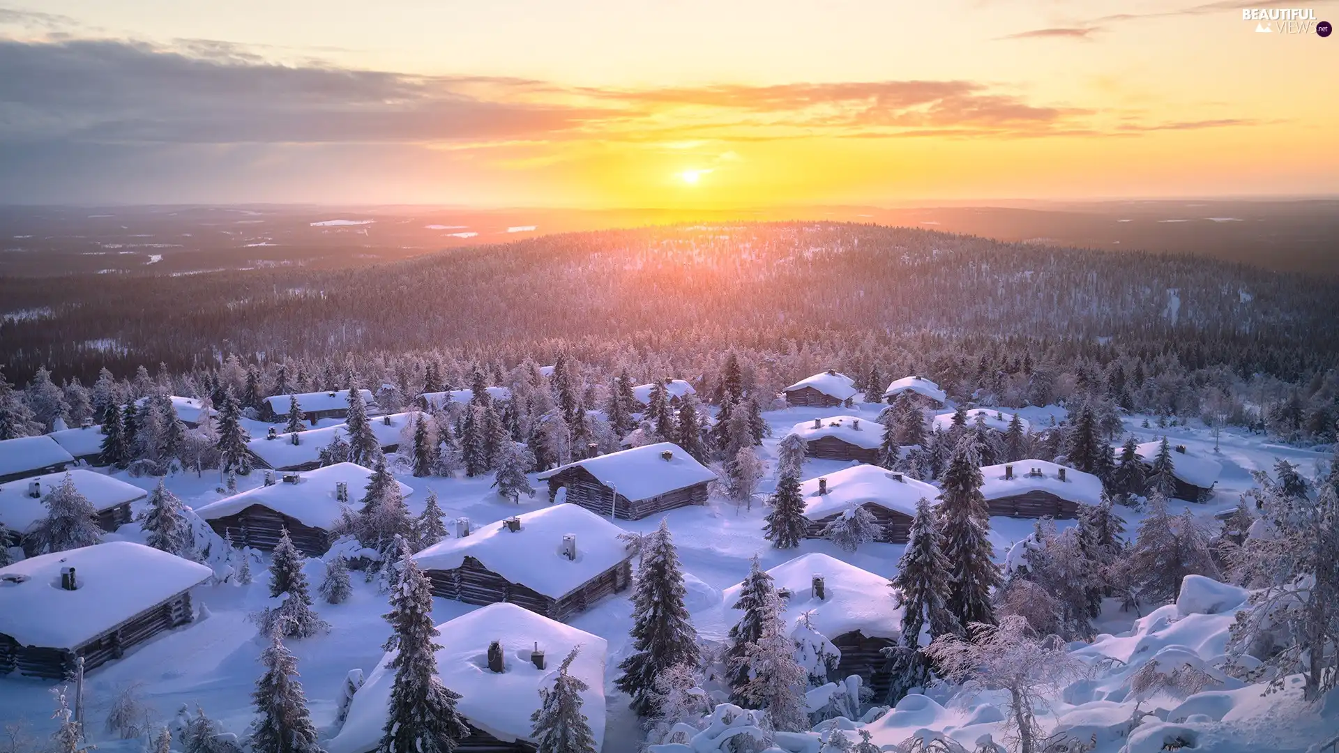 Mountains, winter, trees, viewes, Houses, Sunrise